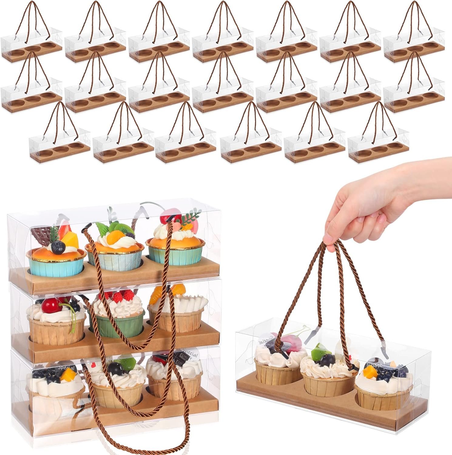 Wholesale 20 Pcs 9 x 3 x 3 Inch Clear Cupcake Boxes with Handles and 3-Count Inserts Portable Pastry Packaging for Cupcakes Muffins Bakery Containers Mothers Day Wedding Party (Brown) Manufacturer