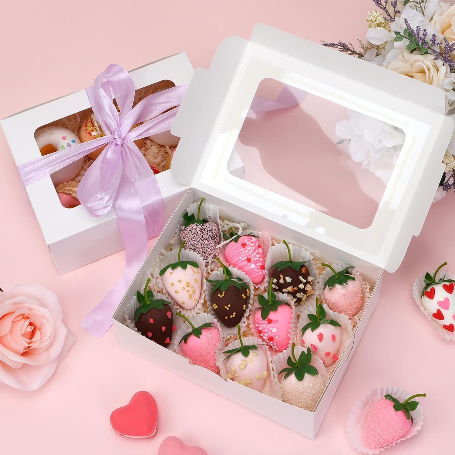 Wholesale 48pcs Cookie Boxes with Window 8x6x2.5 Inch 3 Style Pastry Boxes for Treat Chocolate Covered Strawberries Candy Muffins Donuts Manufacturer