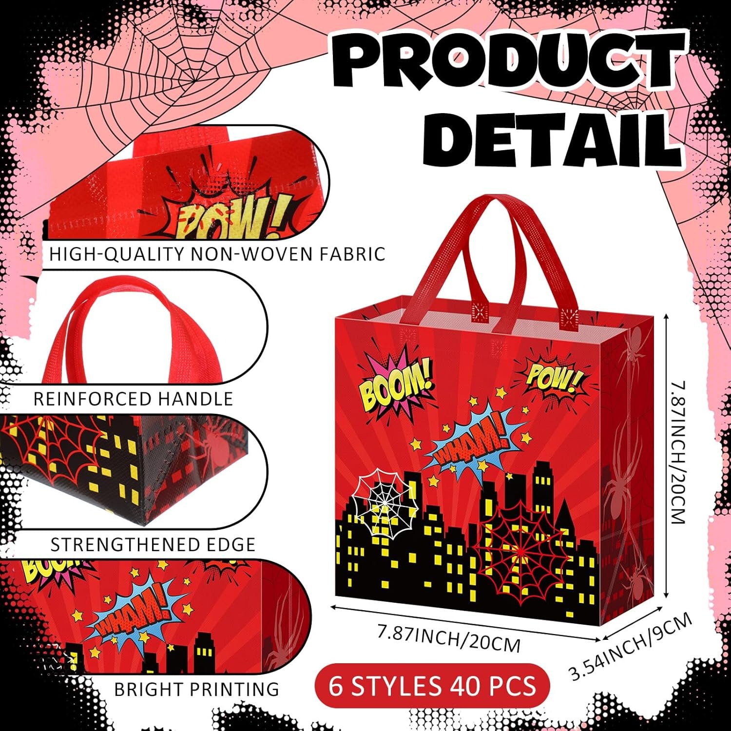 Wholesale 40 Pcs Spider Hero Party Favor Goodie Bags Web Boom Crash Non-woven Reusable Bags with Handles for Birthday Treat Candy Bulk 7.87 x 7.87 x 3.54 Inches Manufacturer Wholesale 40 Pcs Spider Hero Party Favor Goodie Bags Web Boom Crash Non-woven Reusable Bags with Handles for Birthday Treat Candy Bulk 7.87 x 7.87 x 3.54 Inches Manufacturer