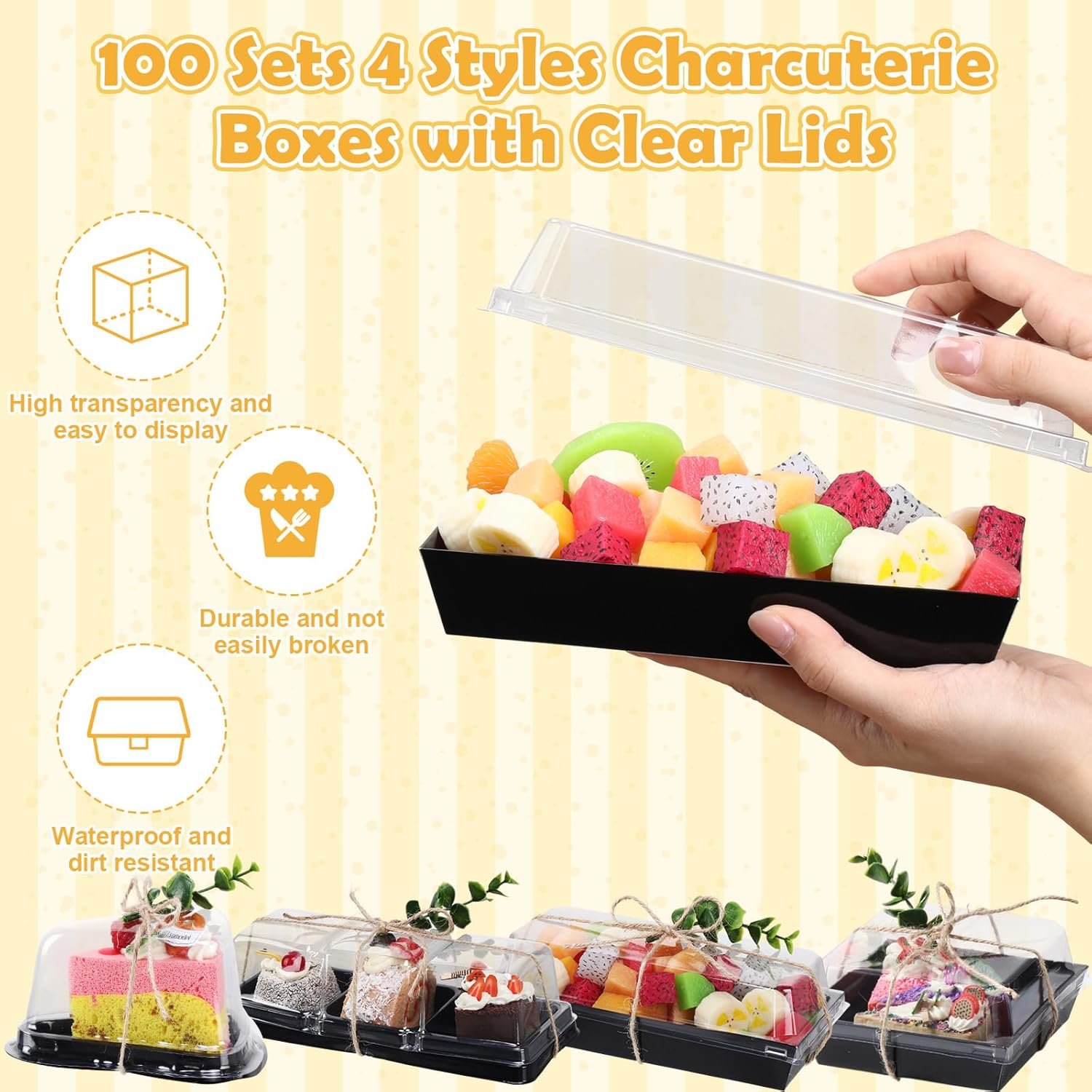 Wholesale 100 Sets 4 Styles Charcuterie Boxes with Clear Lids and Eucalyptus Leaves Plastic Bakery Packaging for Cake Slices Snacks Desserts Cookies Sandwiches Black Manufacturer Wholesale 100 Sets 4 Styles Charcuterie Boxes with Clear Lids and Eucalyptus Leaves Plastic Bakery Packaging for Cake Slices Snacks Desserts Cookies Sandwiches Black Manufacturer