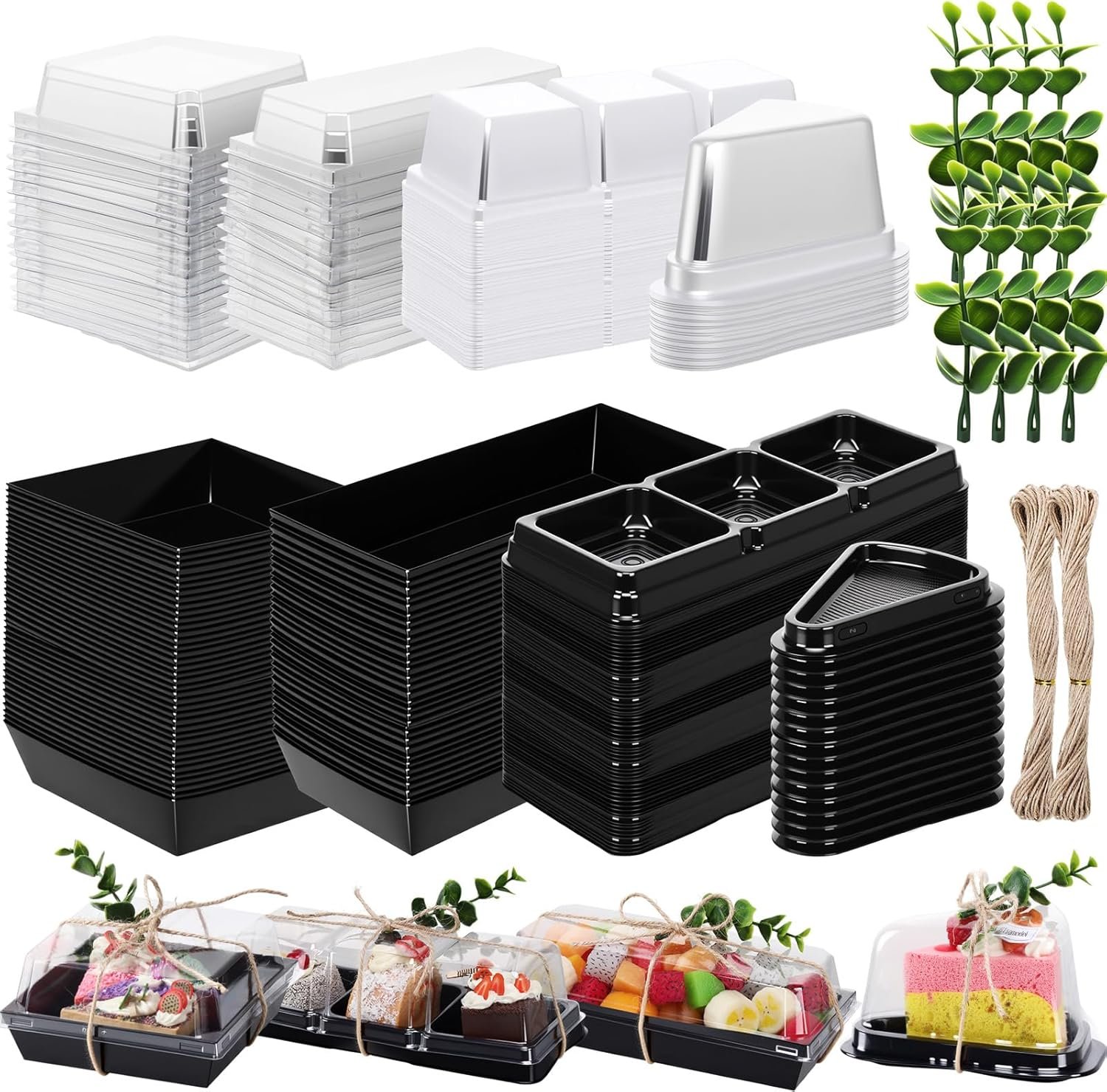 Wholesale 100 Sets 4 Styles Charcuterie Boxes with Clear Lids and Eucalyptus Leaves Plastic Bakery Packaging for Cake Slices Snacks Desserts Cookies Sandwiches Black Manufacturer
