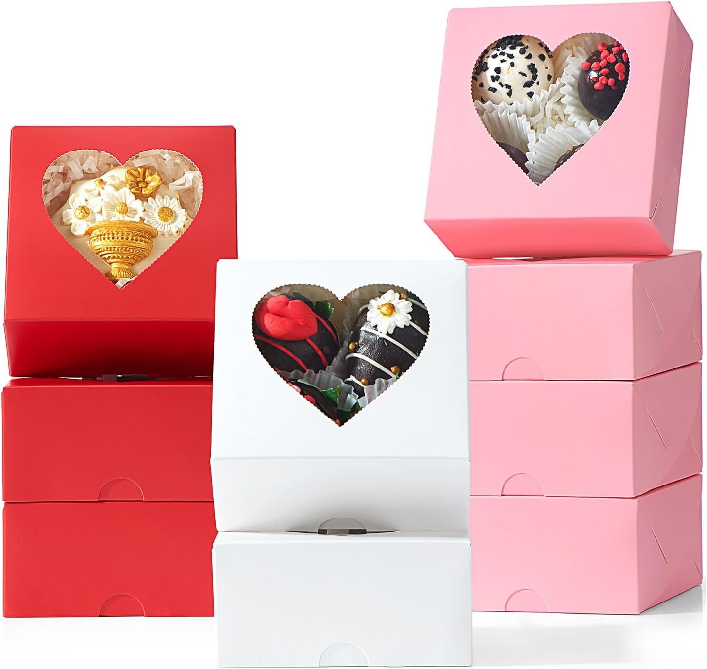 Wholesale 48PCS 4"x4"x2" Heart-Shaped Window Bakery Boxes in White Pink Red Perfect for Cookies Strawberries Mini Bundt Cakes Chocolate Truffles Small Desserts Wedding Party Favors Manufacturer