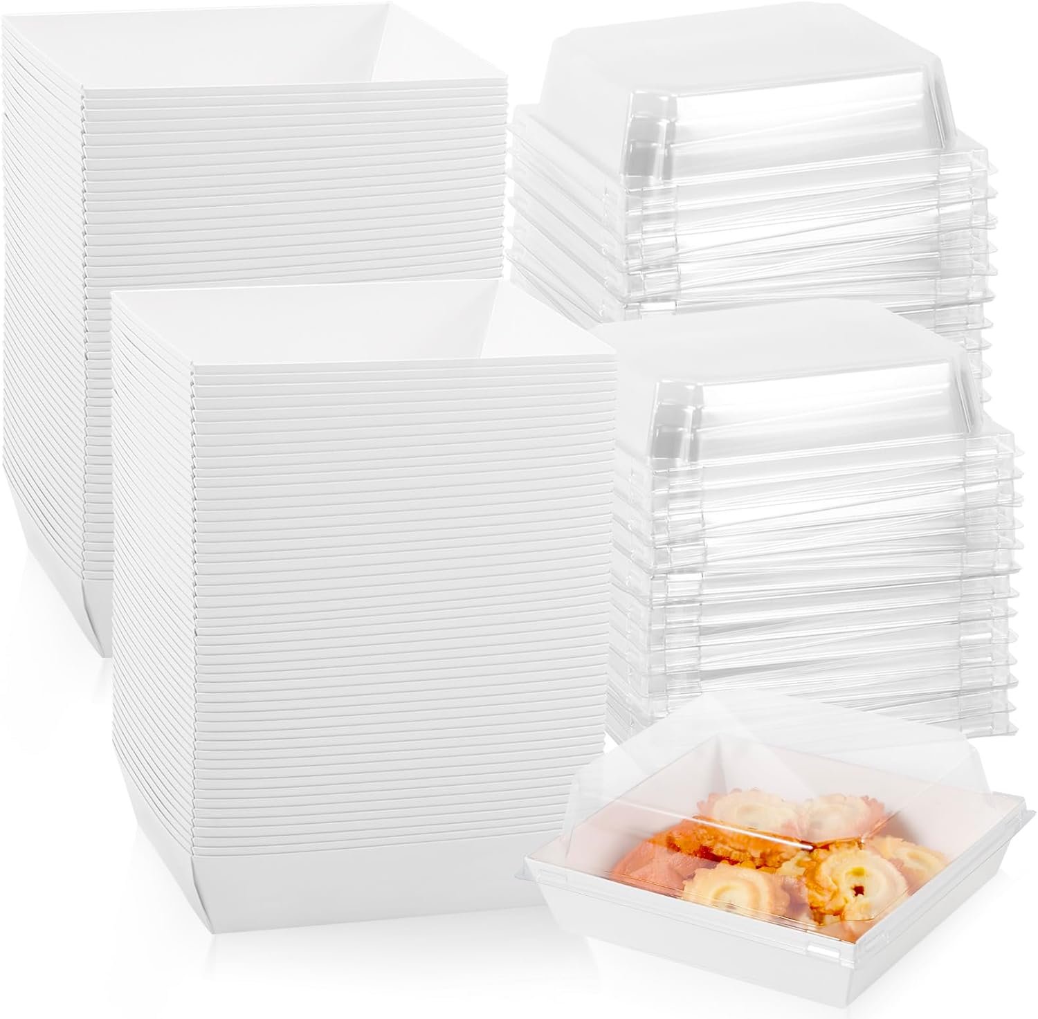 Wholesale 100 Pack Square Disposable Charcuterie Boxes with Clear Lids White Paper Food Containers for Sandwiches Cakes Slices Cookies Strawberries Manufacturer