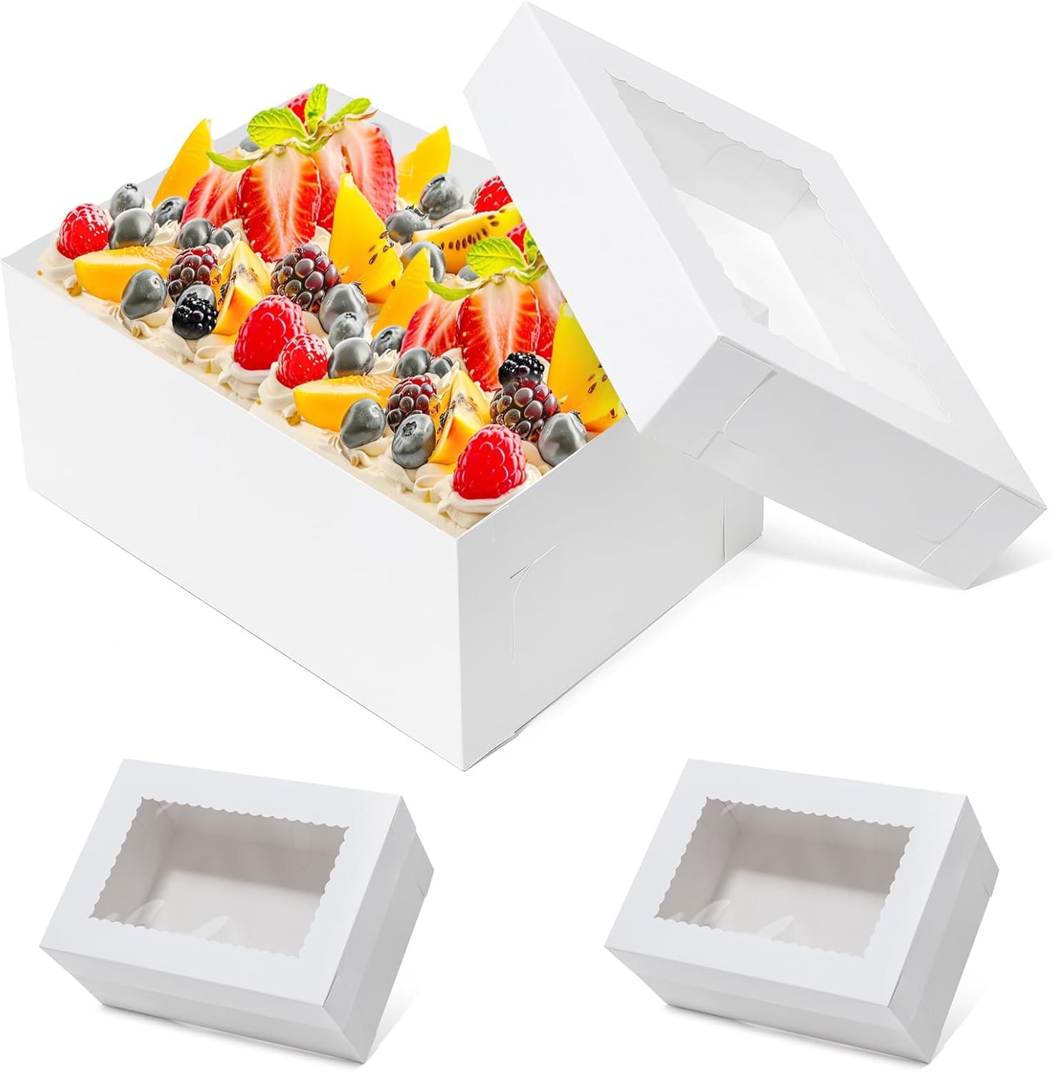 Wholesale 12pcs 14x10x6.5 Rectangle Quarter Sheet Cake Boxes with Window for Donuts Pastries Cakes Pies White Cardboard Bakery Packaging Manufacturer