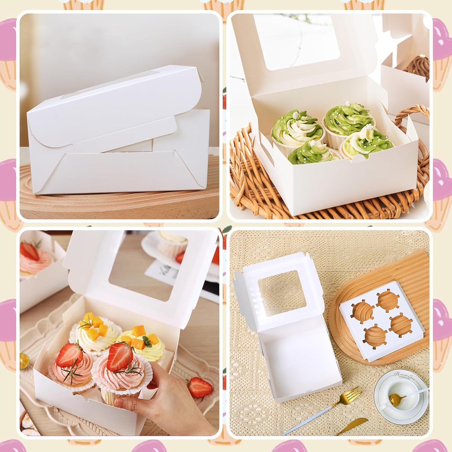 Wholesale 8 PCS White Paper Cupcake Boxes with 4 Cavity Clear Window Treat Holders for Bakery Birthday Parties Manufacturer