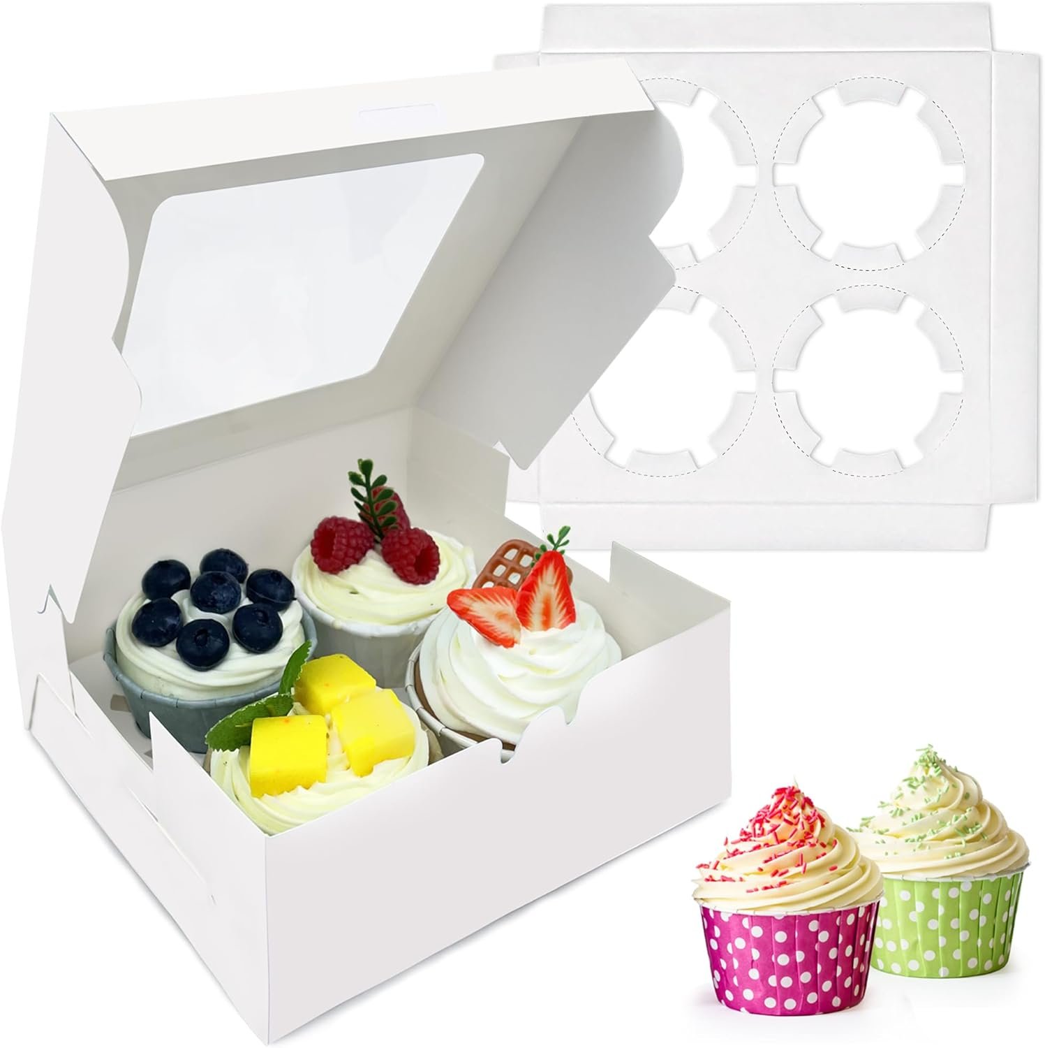 Wholesale 8 PCS White Paper Cupcake Boxes with 4 Cavity Clear Window Treat Holders for Bakery Birthday Parties Manufacturer