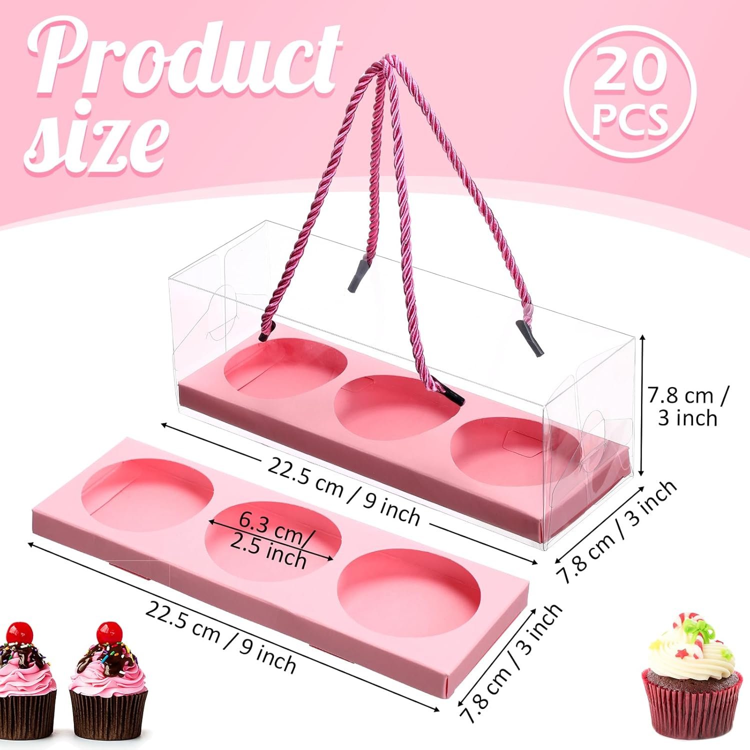 Wholesale 20 Pcs 9 x 3 x 3 Inch Clear Cupcake Boxes with Handle and 3 Count Inserts Portable Pastry Packaging for Cupcakes Muffins Bakery Containers Pink for Mothers Day Wedding Party Factory