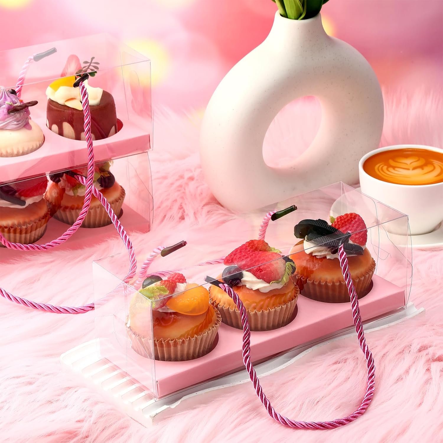 Wholesale 20 Pcs 9 x 3 x 3 Inch Clear Cupcake Boxes with Handle and 3 Count Inserts Portable Pastry Packaging for Cupcakes Muffins Bakery Containers Pink for Mothers Day Wedding Party Factory