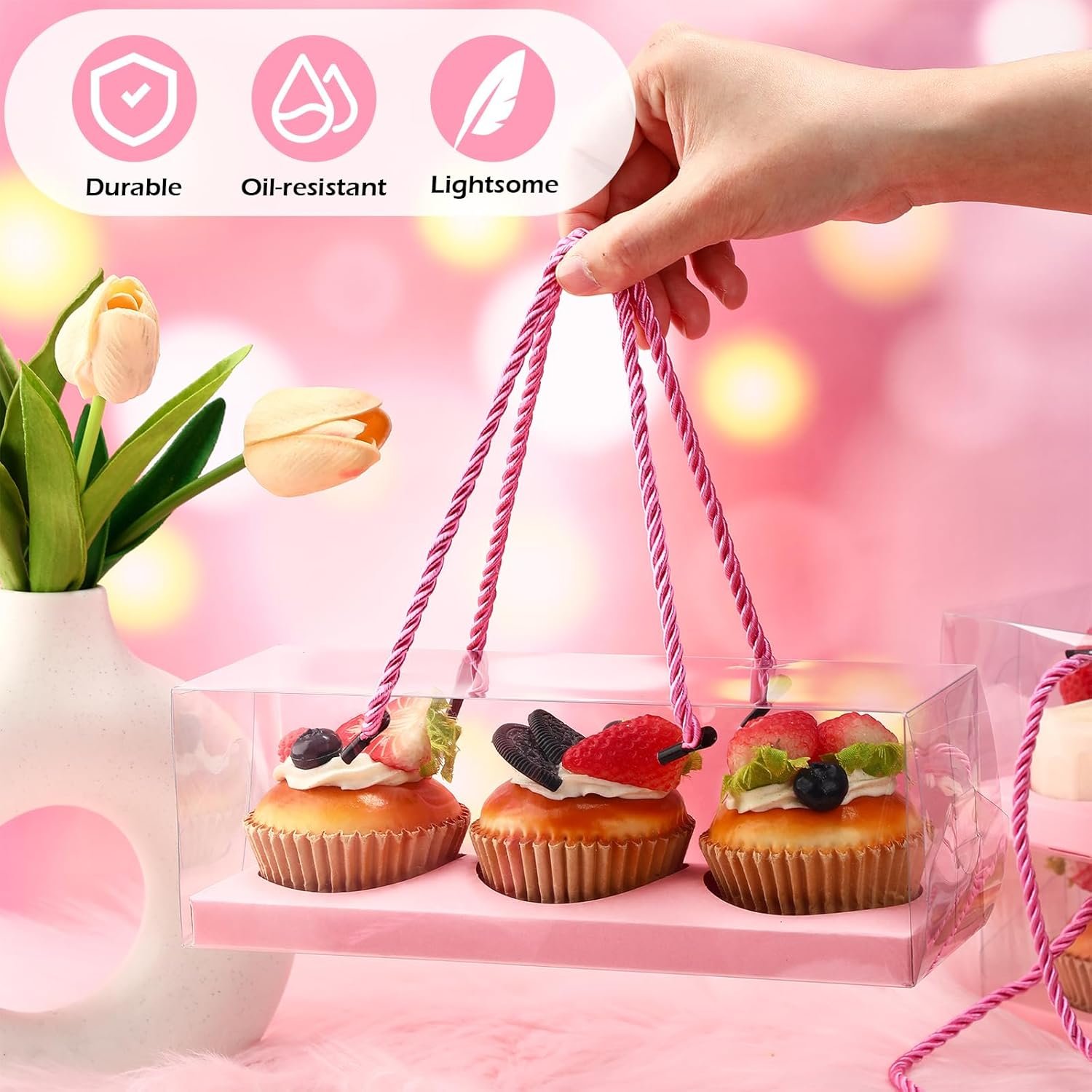 Wholesale 20 Pcs 9 x 3 x 3 Inch Clear Cupcake Boxes with Handle and 3 Count Inserts Portable Pastry Packaging for Cupcakes Muffins Bakery Containers Pink for Mothers Day Wedding Party Factory