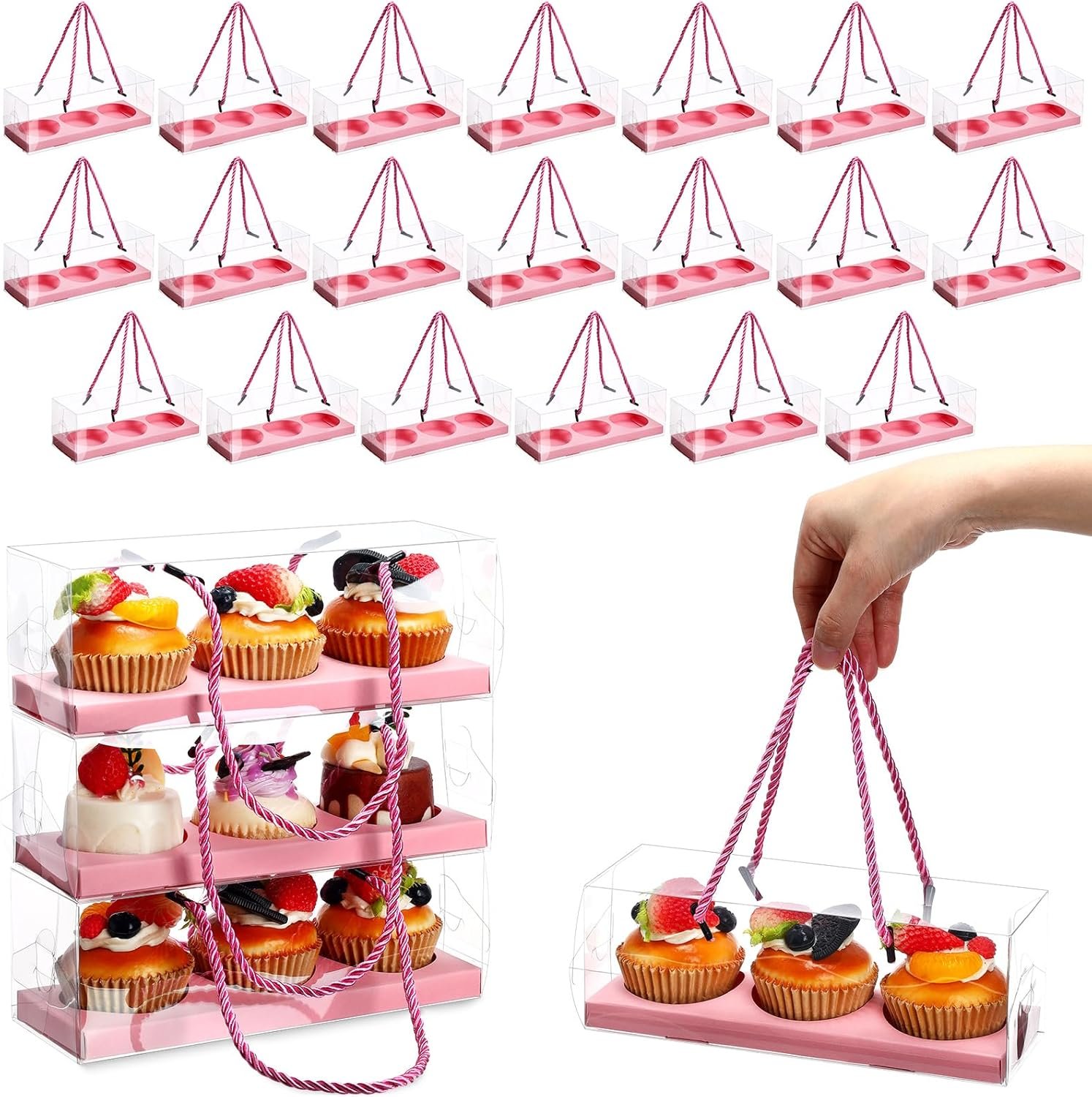 Wholesale 20 Pcs 9 x 3 x 3 Inch Clear Cupcake Boxes with Handle and 3 Count Inserts Portable Pastry Packaging for Cupcakes Muffins Bakery Containers Pink for Mothers Day Wedding Party Factory
