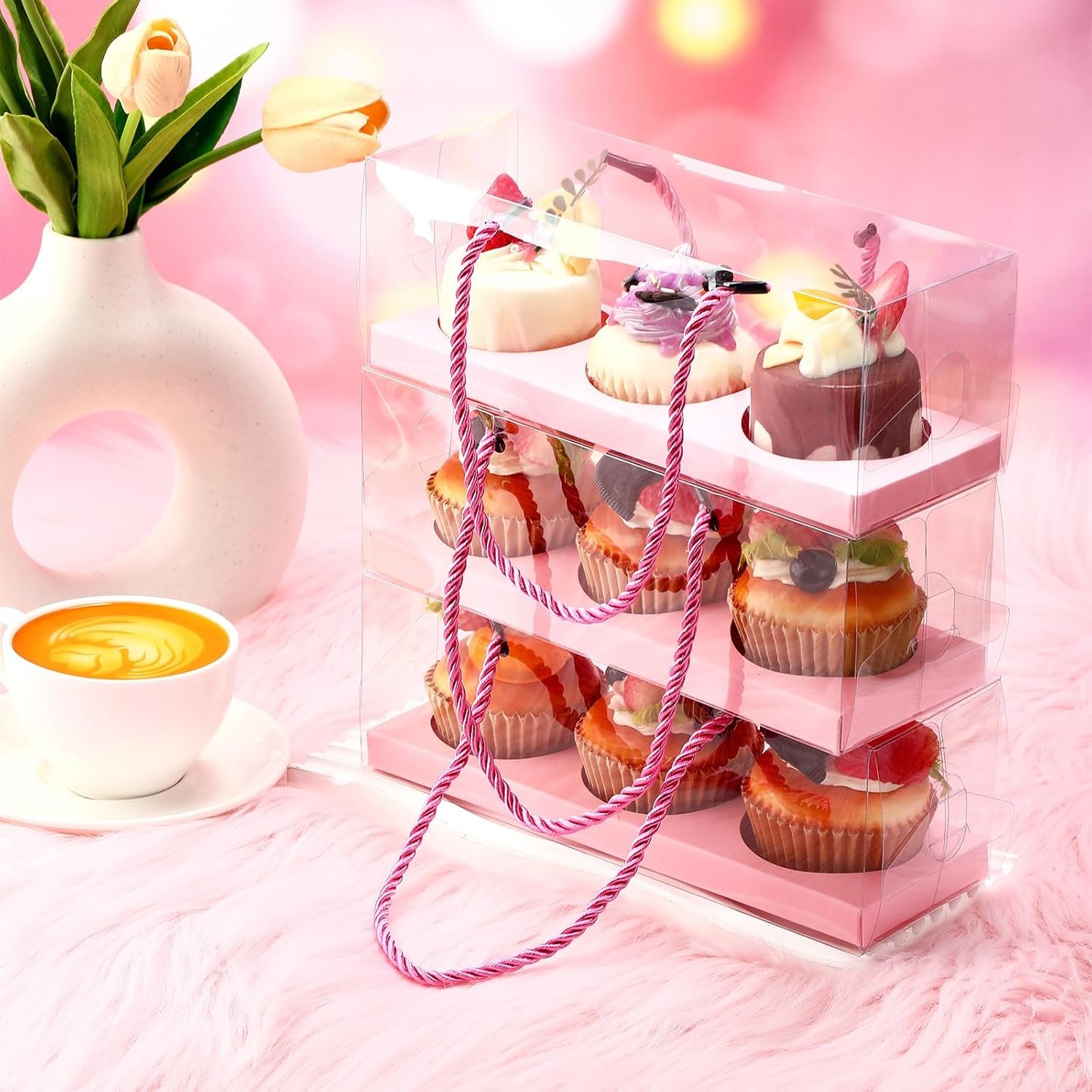 Wholesale 20 Pcs 9 x 3 x 3 Inch Clear Cupcake Boxes with Handle and 3 Count Inserts Portable Pastry Packaging for Cupcakes Muffins Bakery Containers Pink for Mothers Day Wedding Party Factory