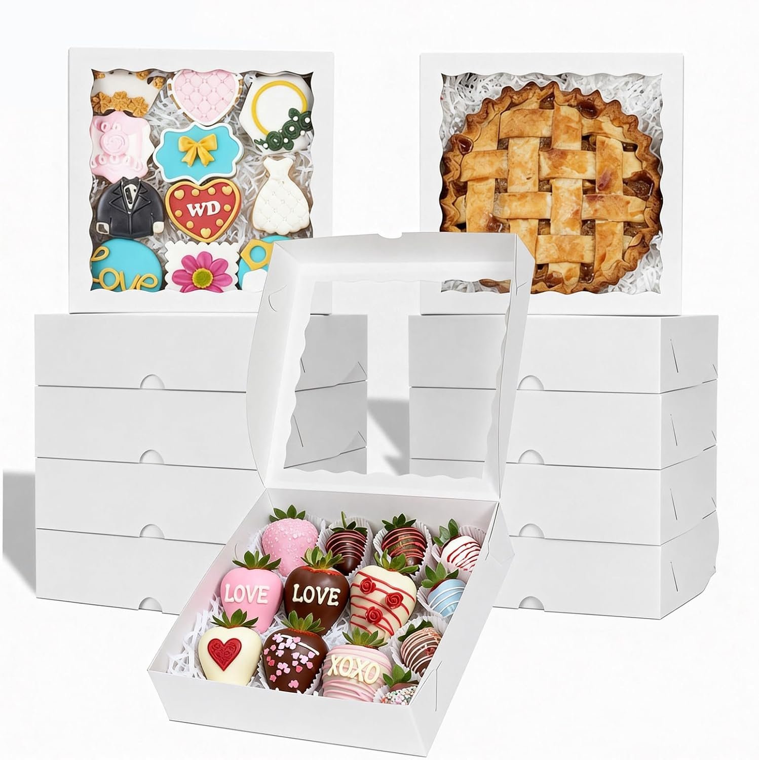 Wholesale 50pcs 9x9x2.5 Inches White Bakery Boxes for Cookies Pies Chocolate Covered Strawberries Breakable Hearts Charcuterie Valentine's Christmas Manufacturer