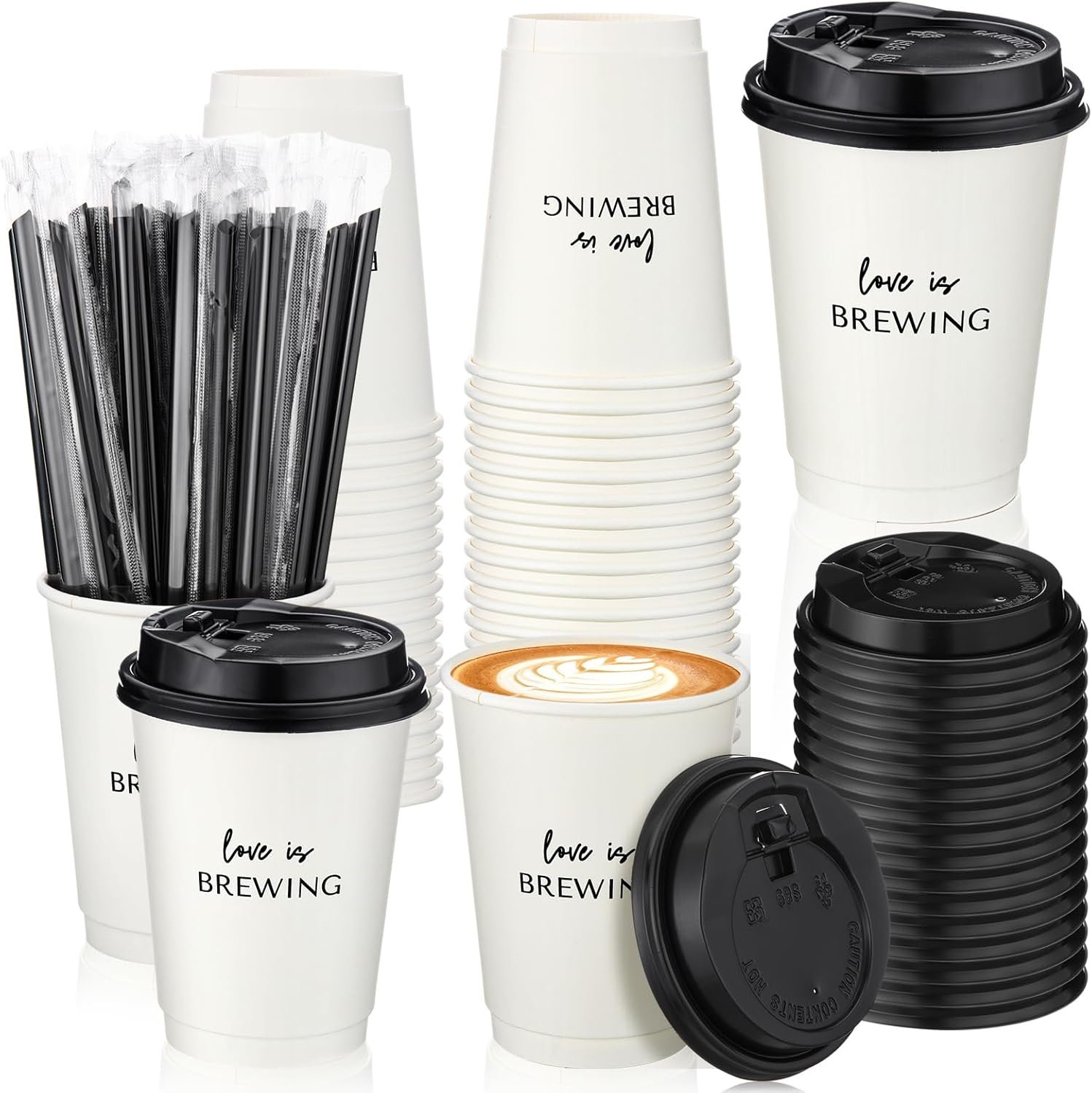 Wholesale 50 Pcs Love Is Brewing Wedding Coffee Cups Disposable Paper Drinking Cups with Lid Straw for Bridal Shower Reception Engagement Bachelorette Party Manufacturer