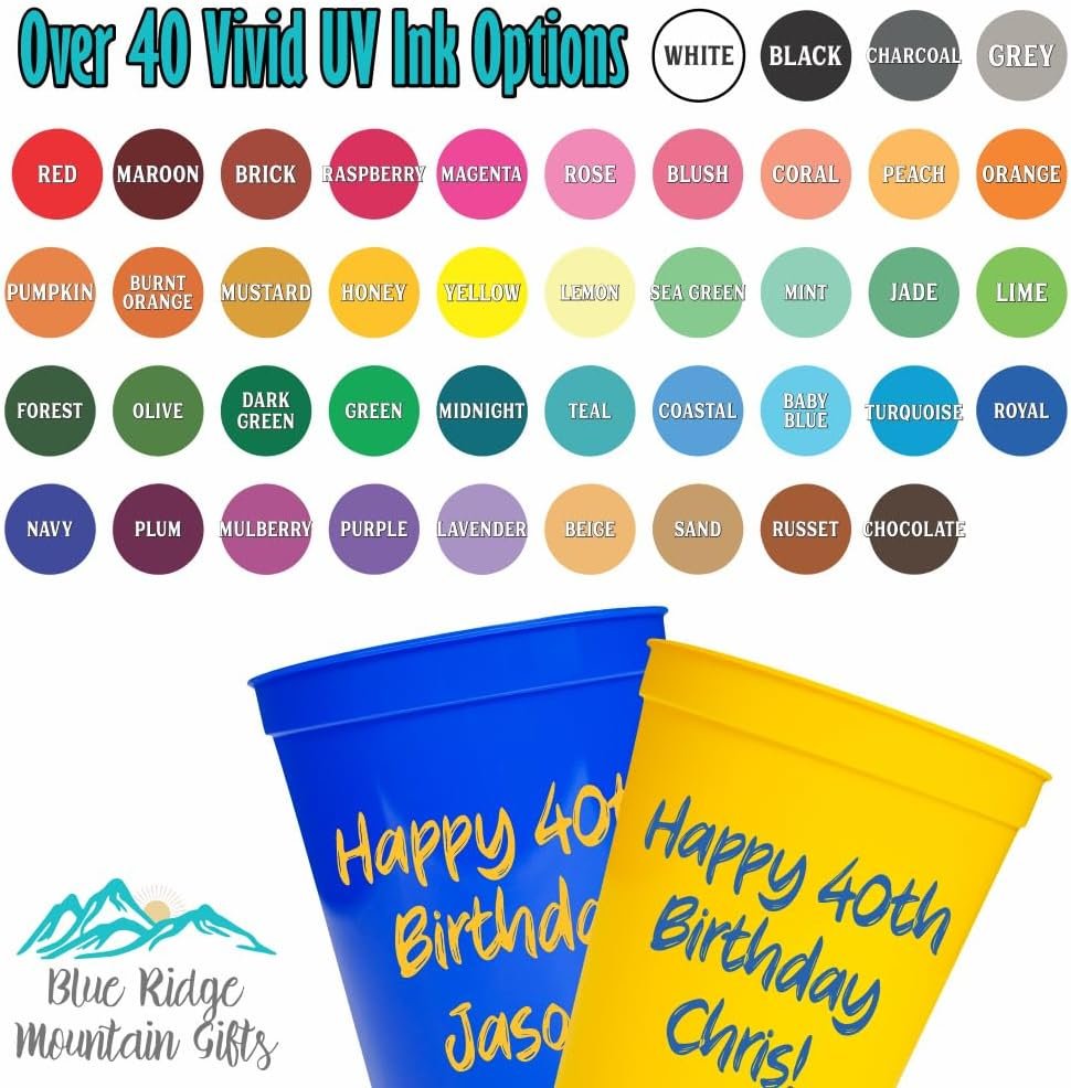 Wholesale Custom Photo Birthday Cups - Personalized 16 oz Plastic Cups with Text - Printed Choose Cup Color Text Color Quantity - Party Favors for Birthdays Events Circle Backdrop Manufacturer