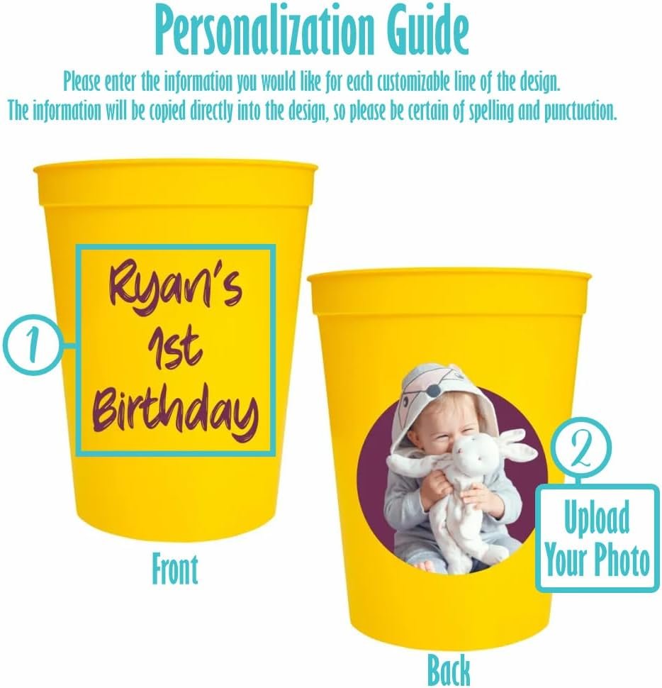 Wholesale Custom Photo Birthday Cups - Personalized 16 oz Plastic Cups with Text - Printed Choose Cup Color Text Color Quantity - Party Favors for Birthdays Events Circle Backdrop Manufacturer