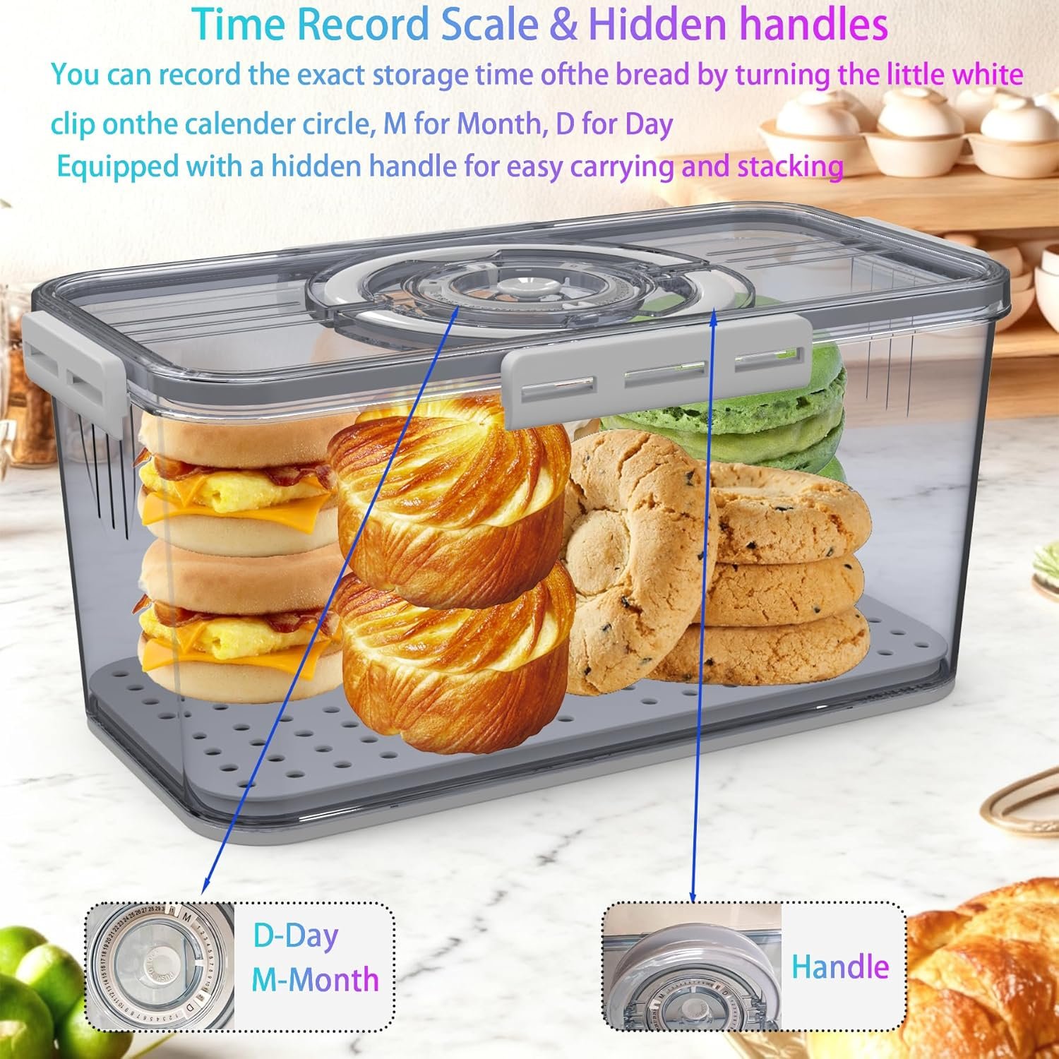OEM Airtight Bread Storage Box with Lid Handle Timer for Kitchen Counter Portable for Homemade Breads Toast Bagels Donuts Cookies Grey Manufacturer OEM Airtight Bread Storage Box with Lid Handle Timer for Kitchen Counter Portable for Homemade Breads Toast Bagels Donuts Cookies Grey Manufacturer