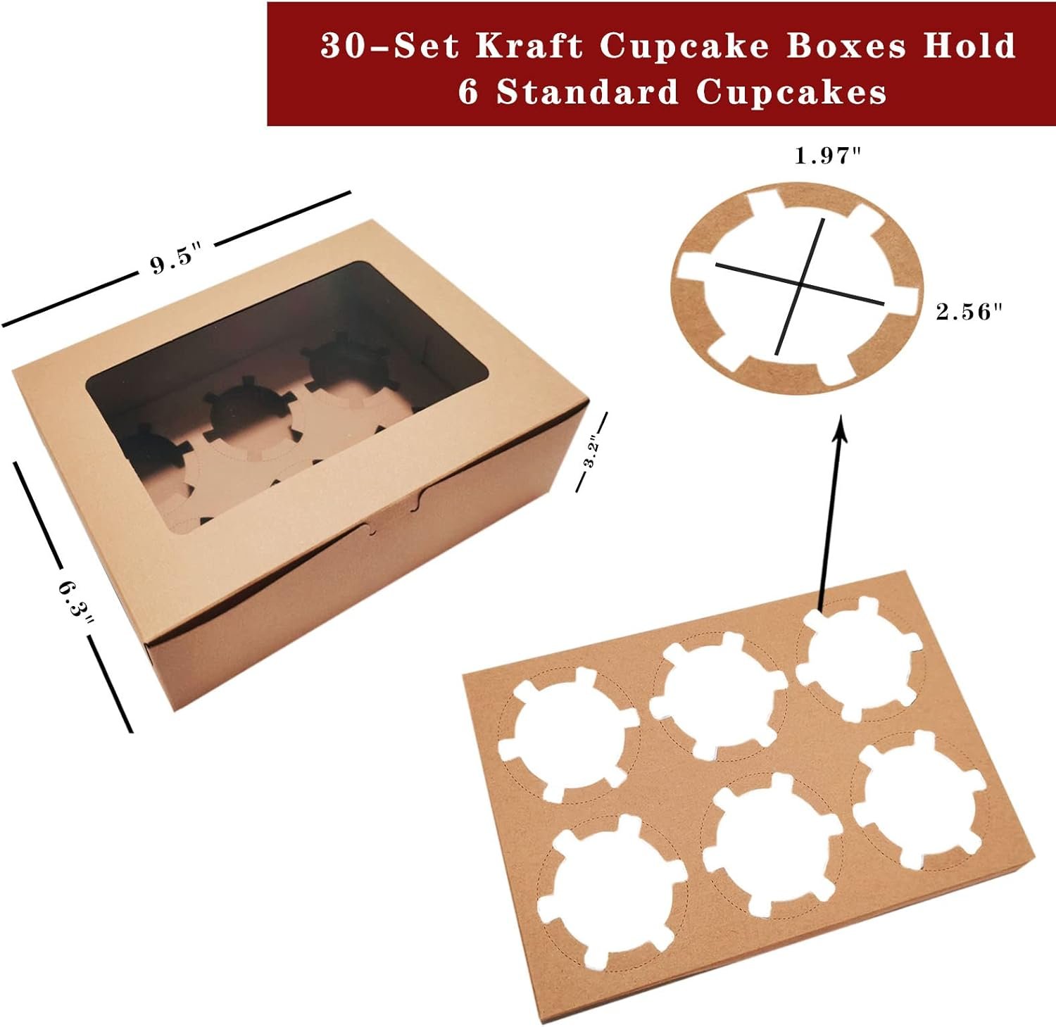Wholesale 30-Set Bulk Cupcake Boxes with Clear Display Window Holds 6 Standard Cupcakes Disposable Food Grade Brown Carriers Containers for Muffins Cookies Pastries Manufacturer
