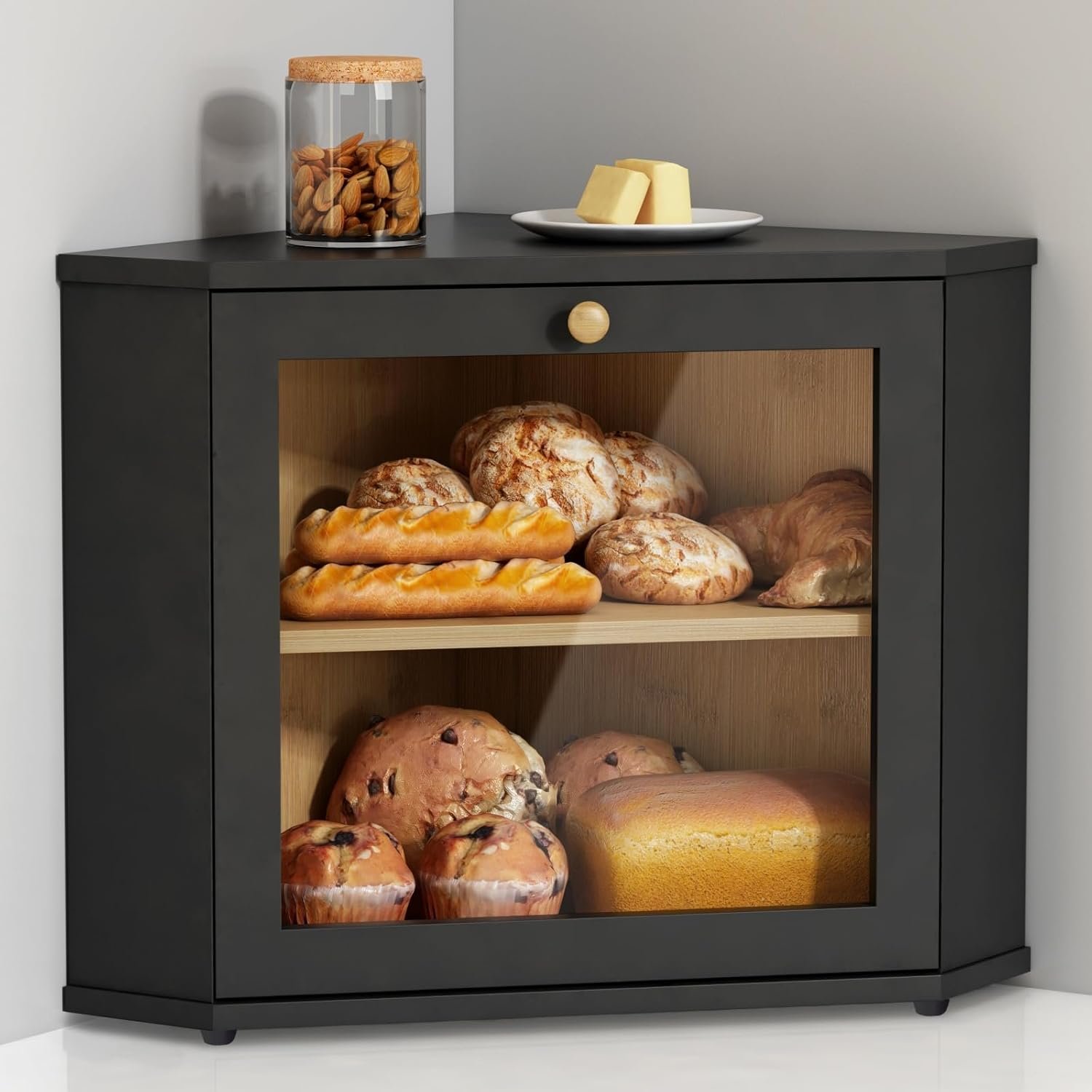OEM Black Corner Bread Box Two-Layer Under Cabinet Mount Storage Container Large Kitchen Counter Holder Pantry Shelf Factory OEM Black Corner Bread Box Two-Layer Under Cabinet Mount Storage Container Large Kitchen Counter Holder Pantry Shelf Factory