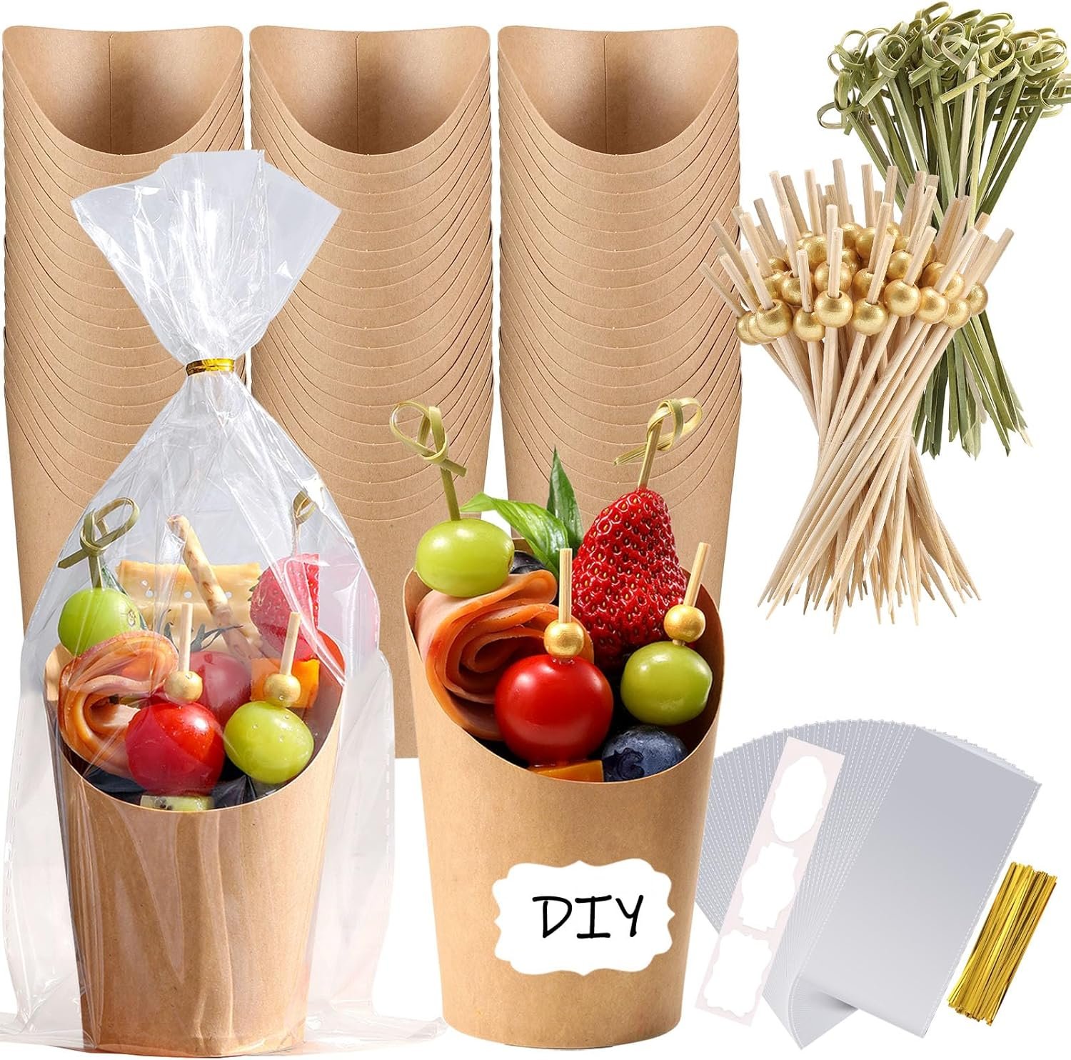 Wholesale 100 Pcs 12oz Charcuterie Cups with Sticks Individual Disposable Handheld Holders 100 Bags 100 Labels 200 Cocktail Skewers Toothpicks Paper Appetizer Snack Boxes for French Fries Brown Manufacturer