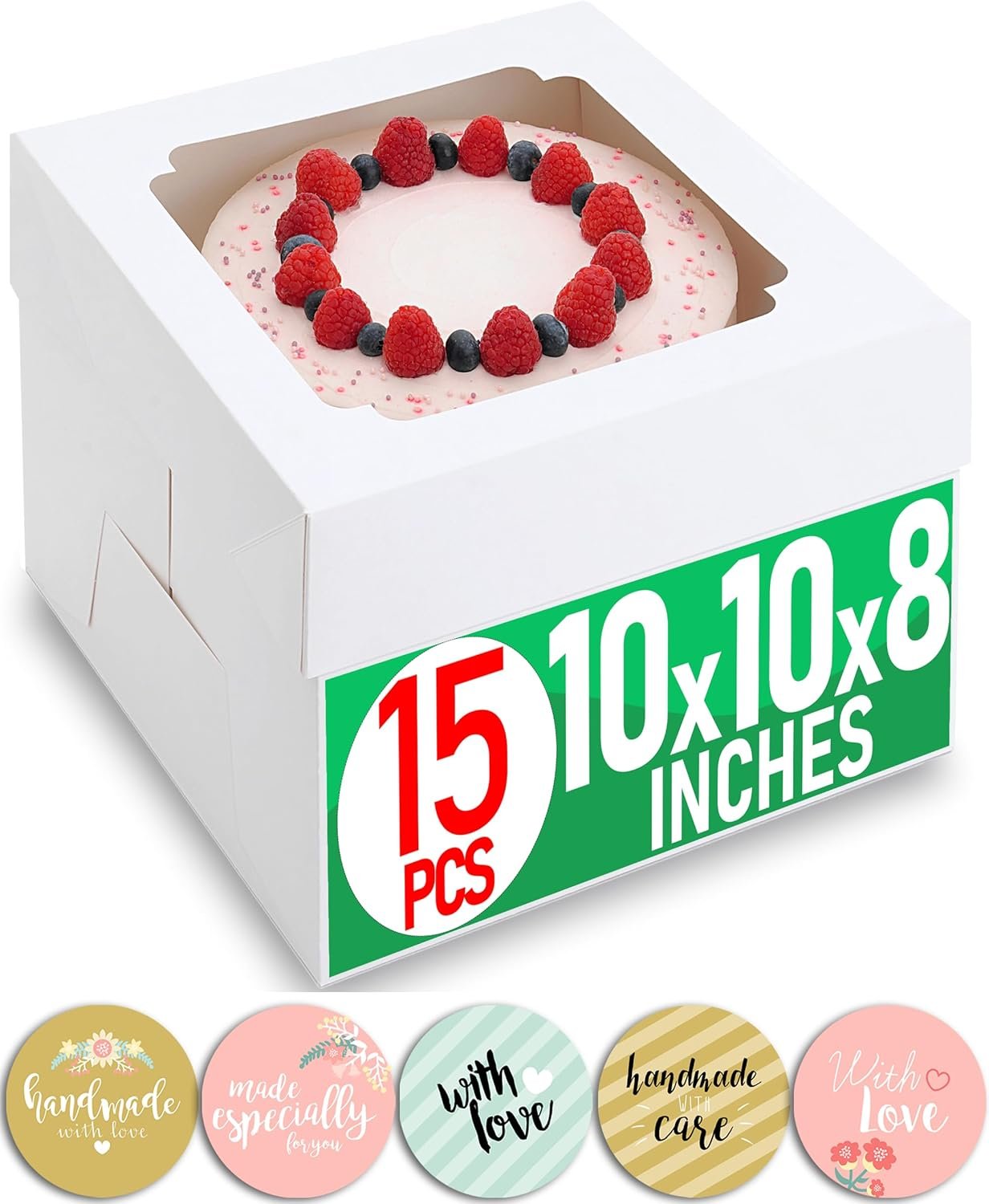 Wholesale 10x10x8 Inch Tall Multi-Layer Cake Boxes Bulk 15 Pack with Clear Window Square White Large Disposable Bakery Pastry Pie Boxes for Baking Decorating Supplies Includes 80 Stickers Factory