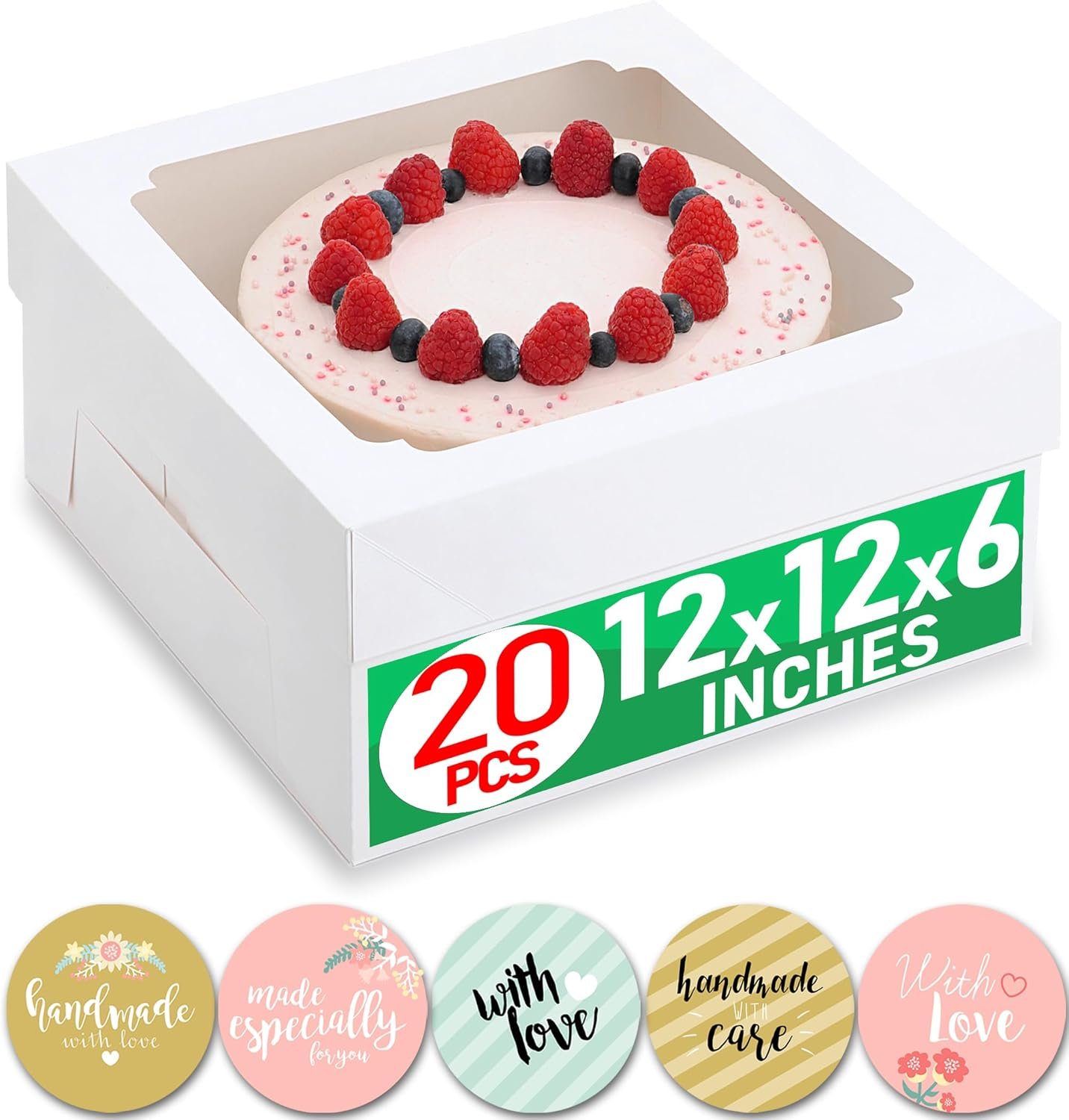 Wholesale 12x12x6 Cake Boxes with Clear Window Bulk 20 Pcs 12 Inch Square White Disposable Bakery Dessert Pie Packaging for Pastries Bake Goods Delivery 80 Stickers Factory