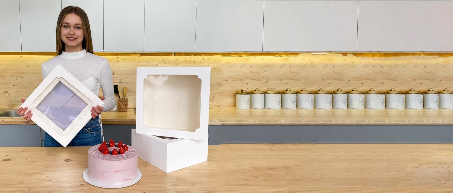 Wholesale 12x12x6 Cake Boxes with Clear Window Bulk 20 Pcs 12 Inch Square White Disposable Bakery Dessert Pie Packaging for Pastries Bake Goods Delivery 80 Stickers Factory