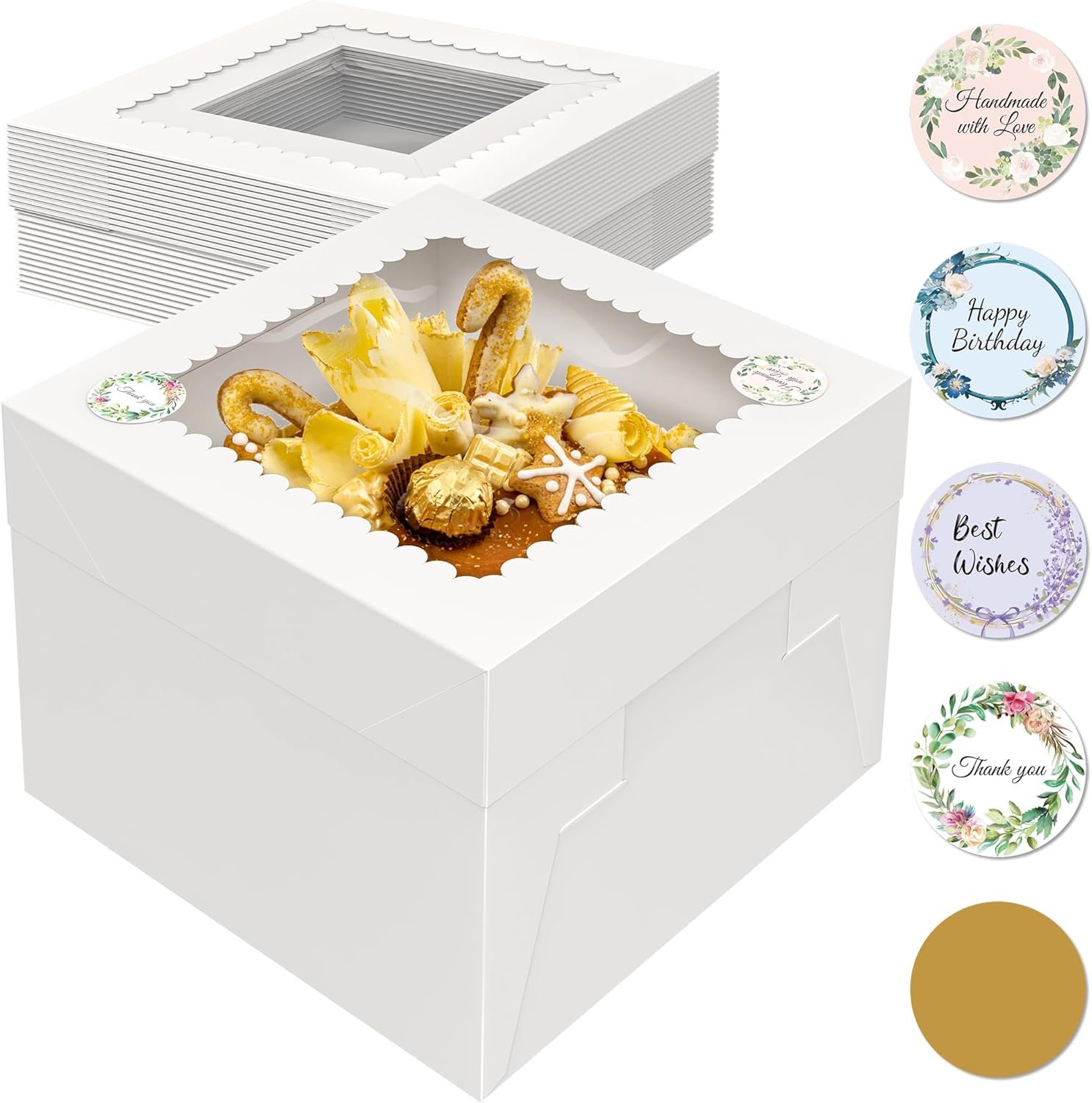 Wholesale 15 Pack 10x10x8 Inch Tall White Square Cake Boxes with Window and 90 Stickers for Bakery Cheesecakes Pies Weddings Birthdays Factory