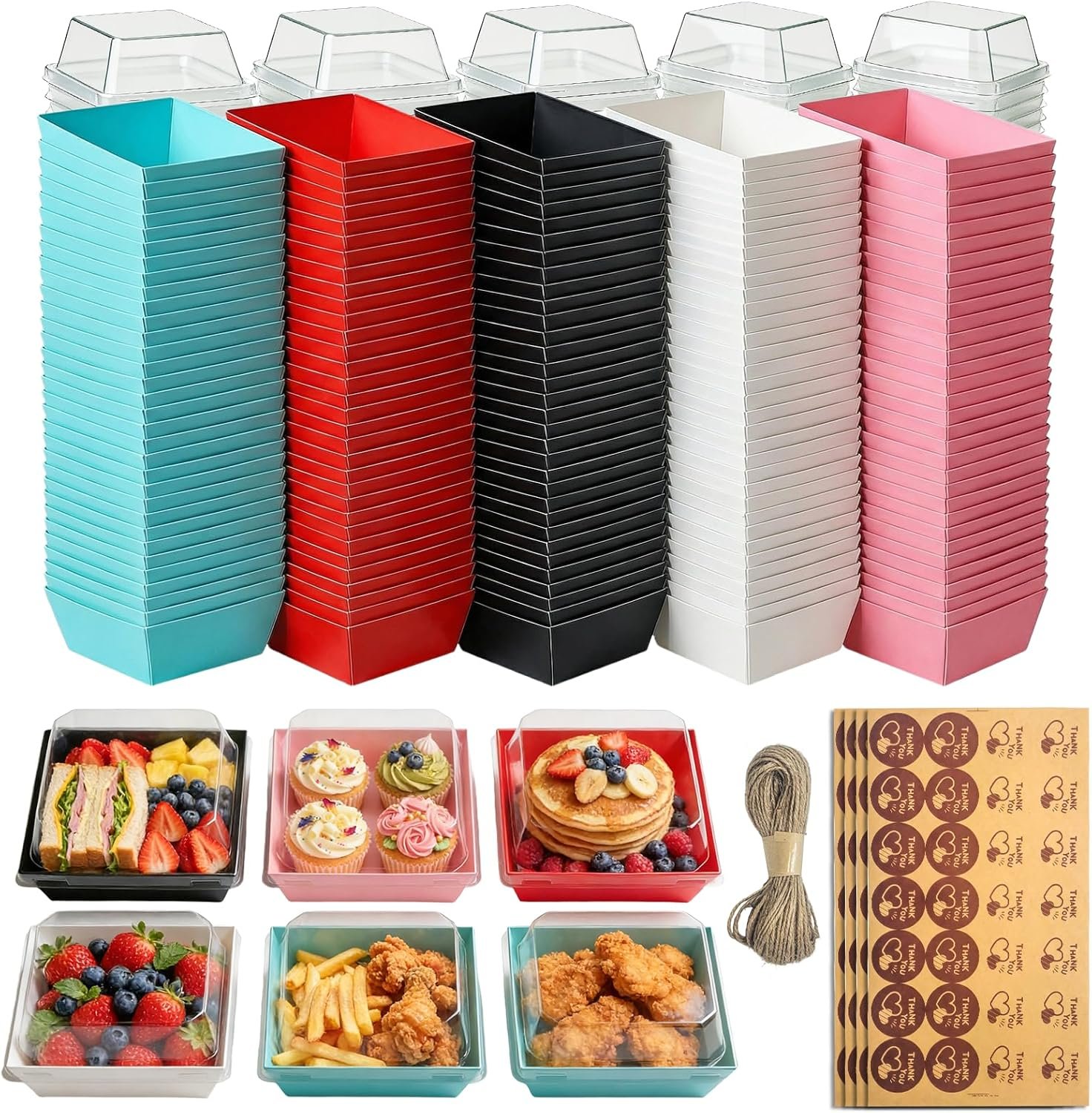 Wholesale 150 Pack 5 Inches Square Charcuterie Boxes with Clear Lids Disposable Paper Food Containers for Sandwiches Cookies Sushi Cake Slices Strawberries in 5 Colors Manufacturer