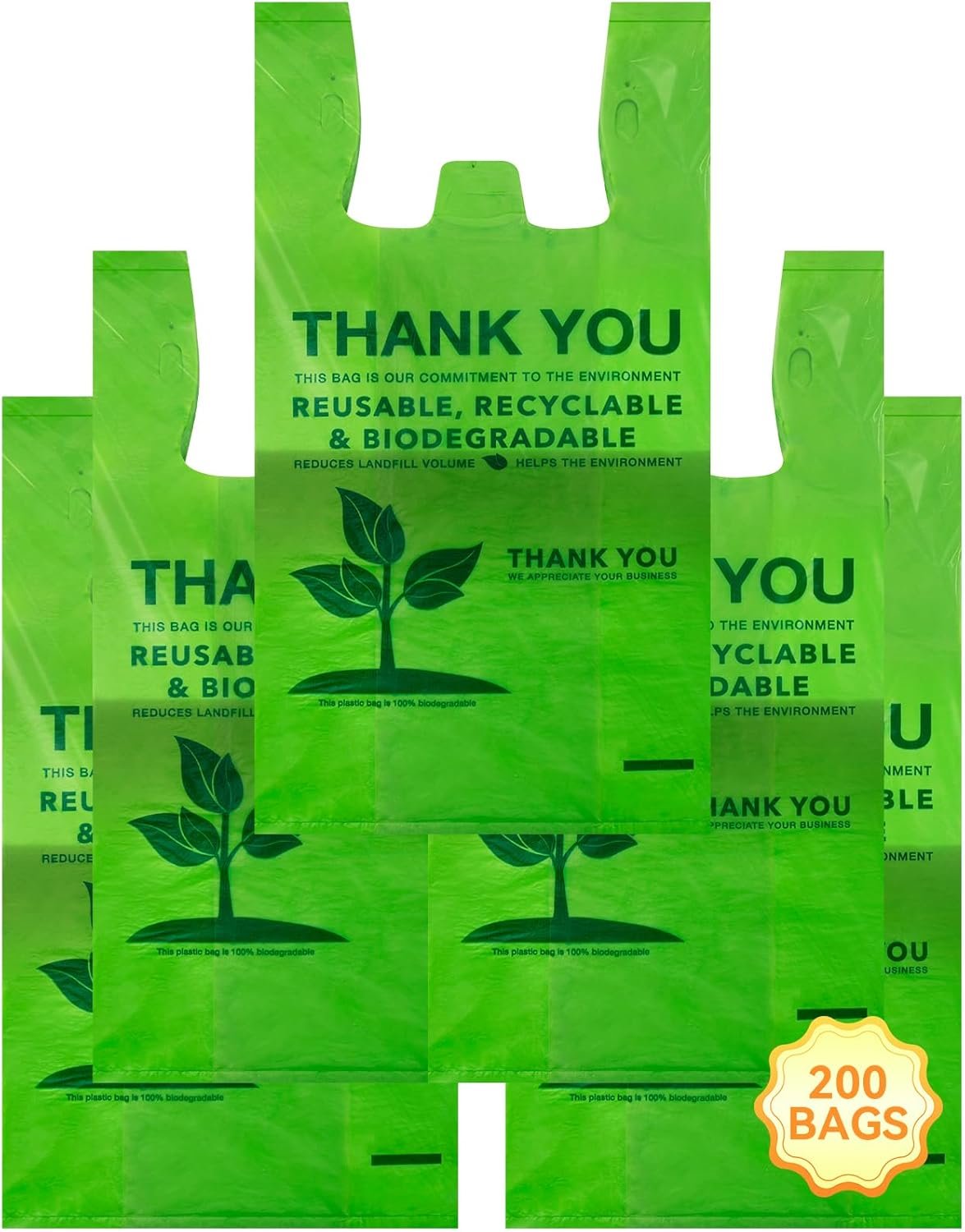 Wholesale 200 Count 100% Biodegradable Compostable Recyclable Eco-Friendly Thank You Grocery T-Shirt Bags 11.5