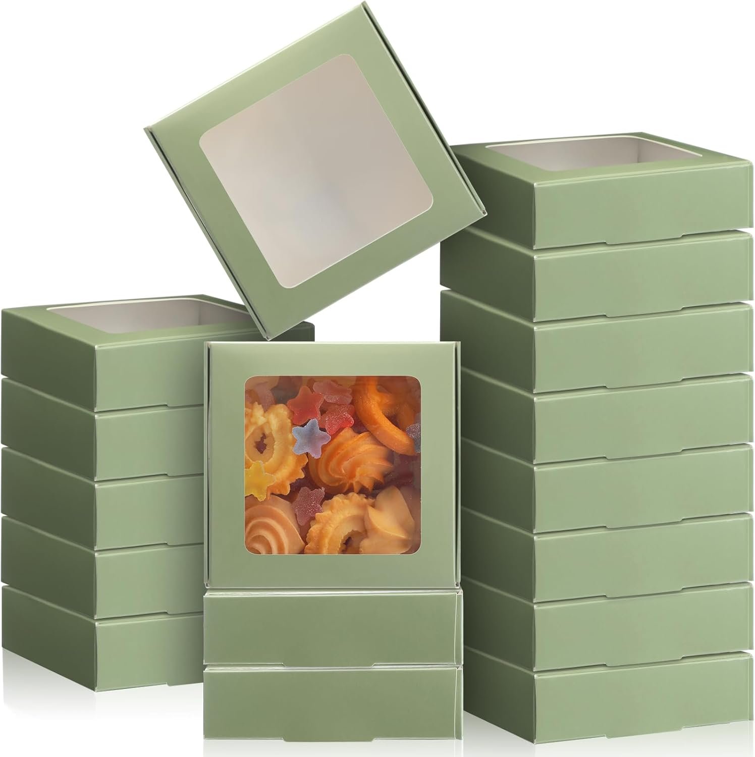 Wholesale 30 Kraft Paper Boxes with Window 4.13 x 4.13 x 1.18 Inch Candy Packaging Small Gift Boxes Soap Holder Mini Treat Packaging for Bakery Chocolate Jewelry Display Sage Green Manufacturer