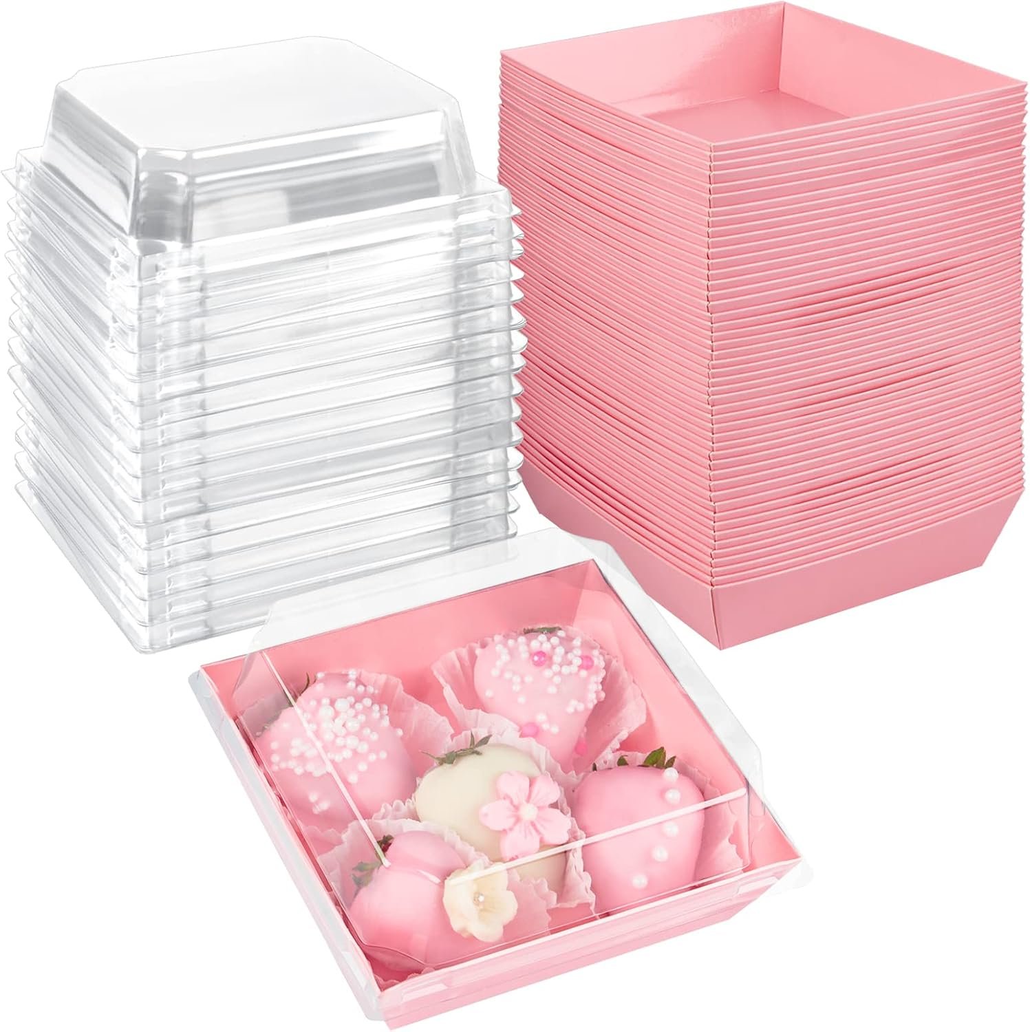 Wholesale 50 Pack 4x4 Inch Small Charcuterie Boxes with Clear Lids Disposable Paper Food Containers for Bakery Treats Desserts Cake Slices Cookies Strawberries Pink Manufacturer