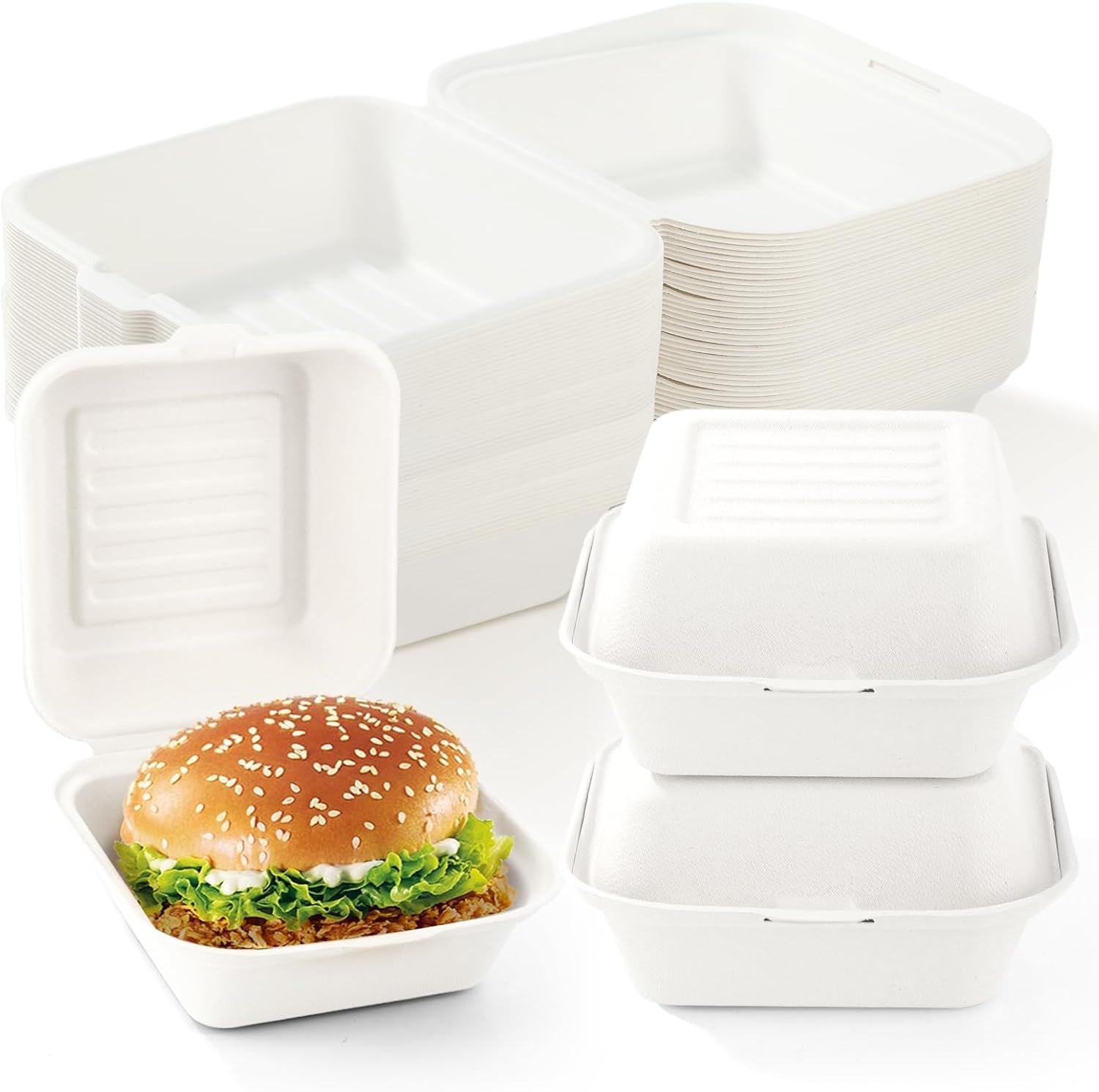 Wholesale 60 Pack 6x6 Inch 100% Compostable Clamshell Take Out Containers with Lids for Hamburgers Sandwiches Chips Manufacturer Wholesale 60 Pack 6x6 Inch 100% Compostable Clamshell Take Out Containers with Lids for Hamburgers Sandwiches Chips Manufacturer