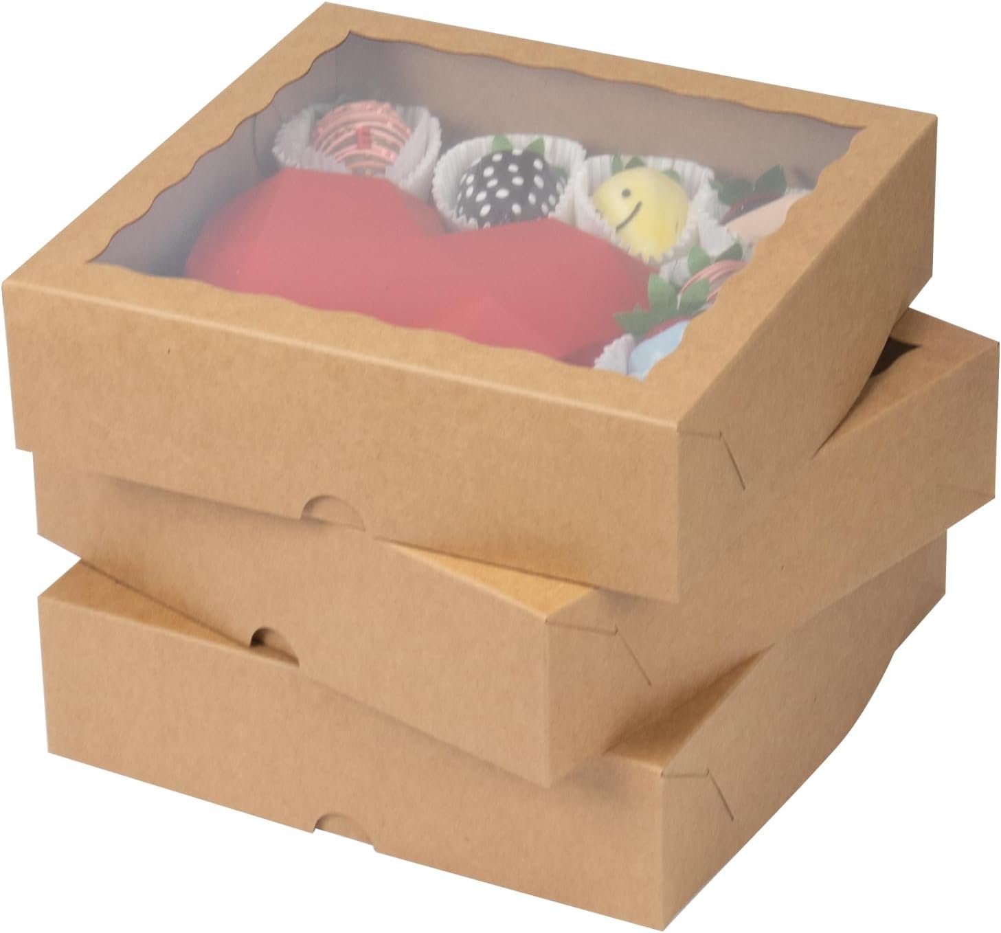 Wholesale Brown Bakery Boxes with Window (6pcs 9x9x2.5 Inch) for Christmas Ideal for Pie Cookies Chocolate Covered Strawberries Breakable Heart Charcuterie Manufacturer