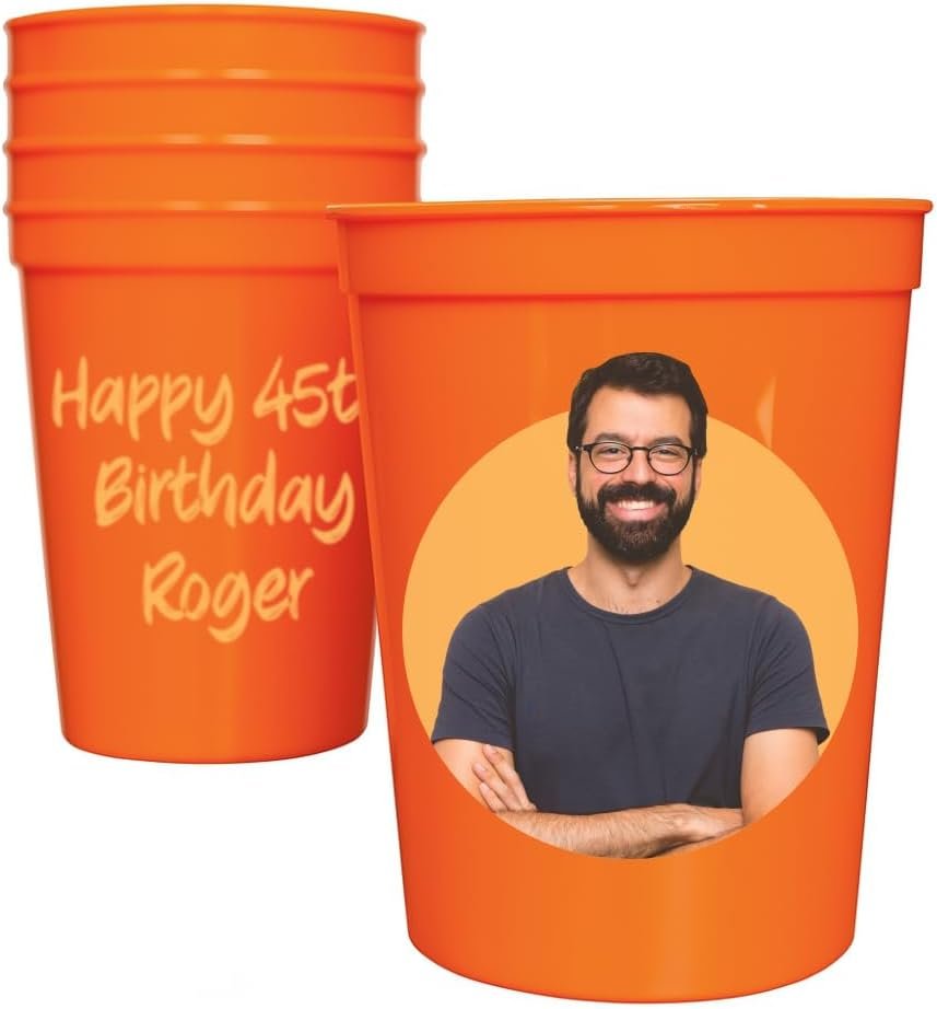 Wholesale Custom Photo Birthday Cups - Personalized 16 oz Plastic Cups with Text - Printed Choose Cup Color Text Color Quantity - Party Favors for Birthdays Events Circle Backdrop Manufacturer