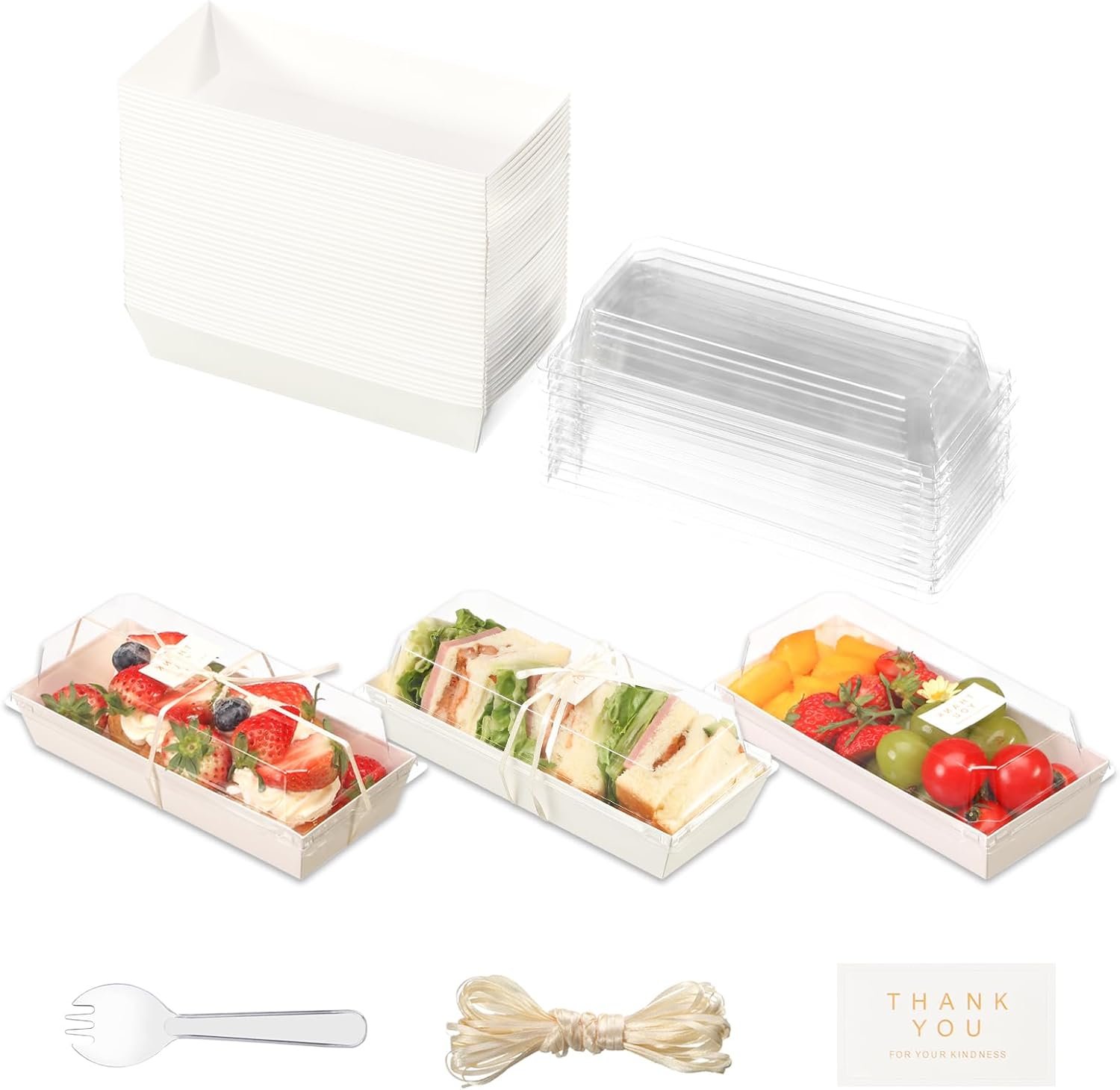 Wholesale Small 7 Inch Charcuterie Boxes with Clear Lids and Forks To Go Paper Rectangle Disposable Food Containers for Cookies Cake Slices White 100pcs Manufacturer
