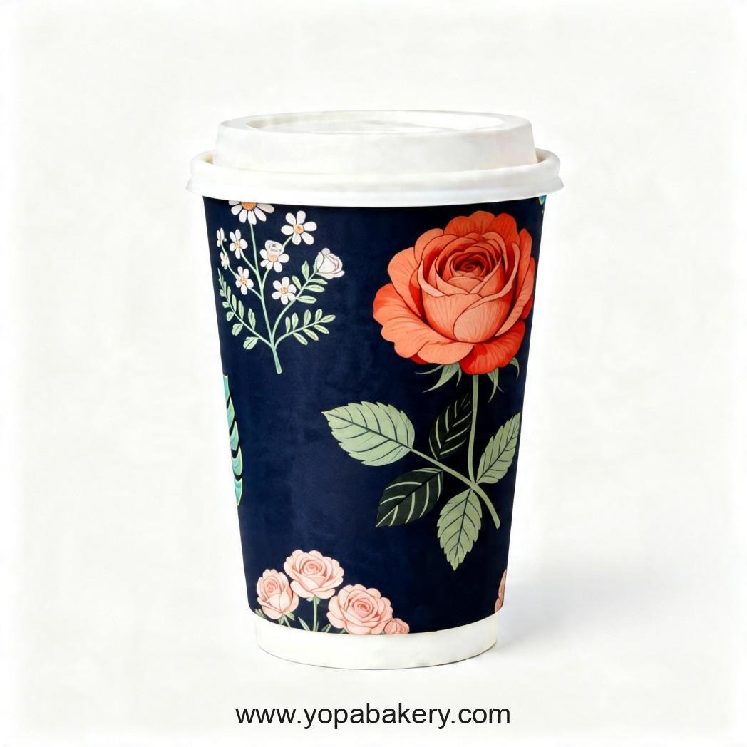 Rose Theme Disposable Coffee Paper Cups - 4oz, 8oz, 12oz, 16oz, 20oz