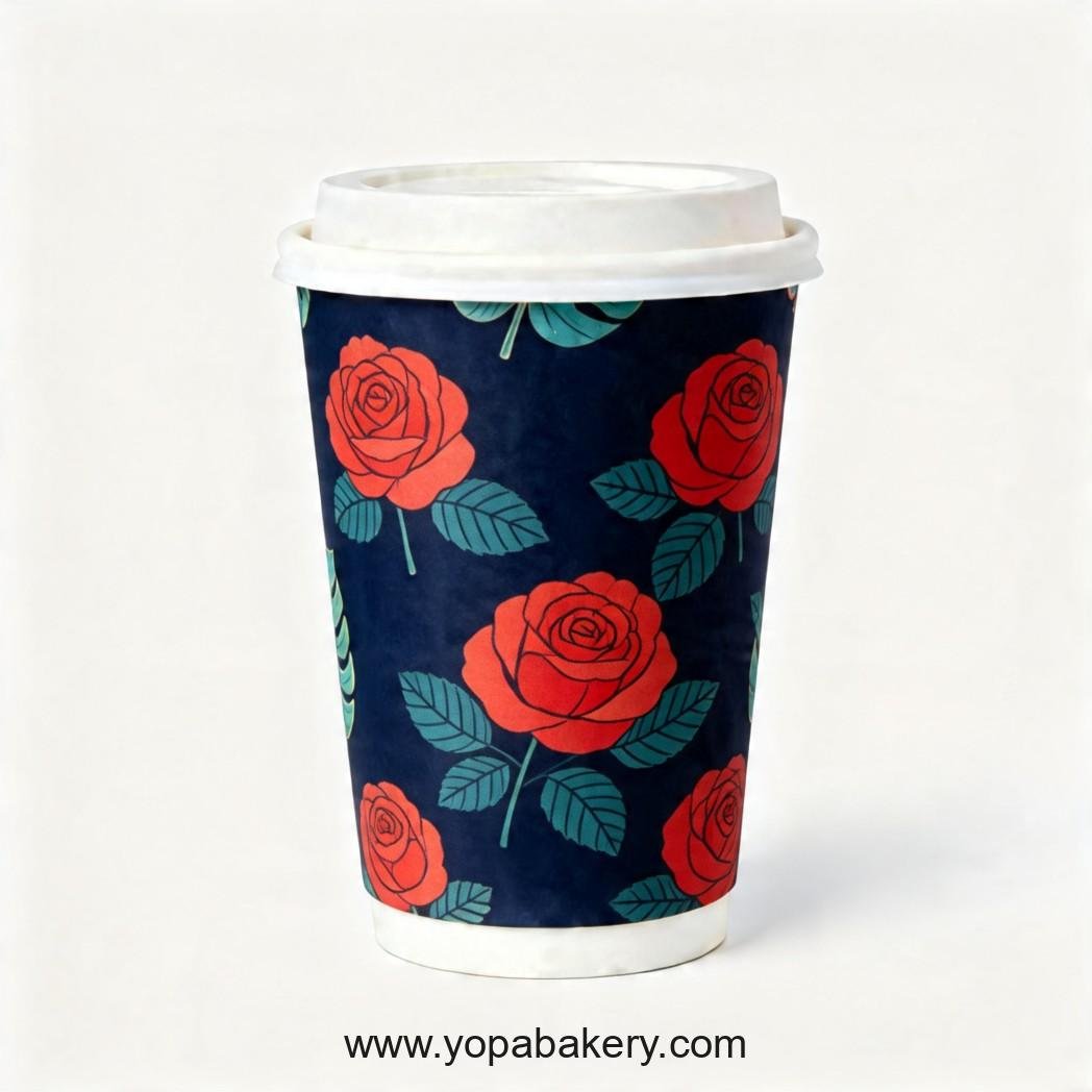 Rose Theme Disposable Coffee Paper Cups - 4oz, 8oz, 12oz, 16oz, 20oz