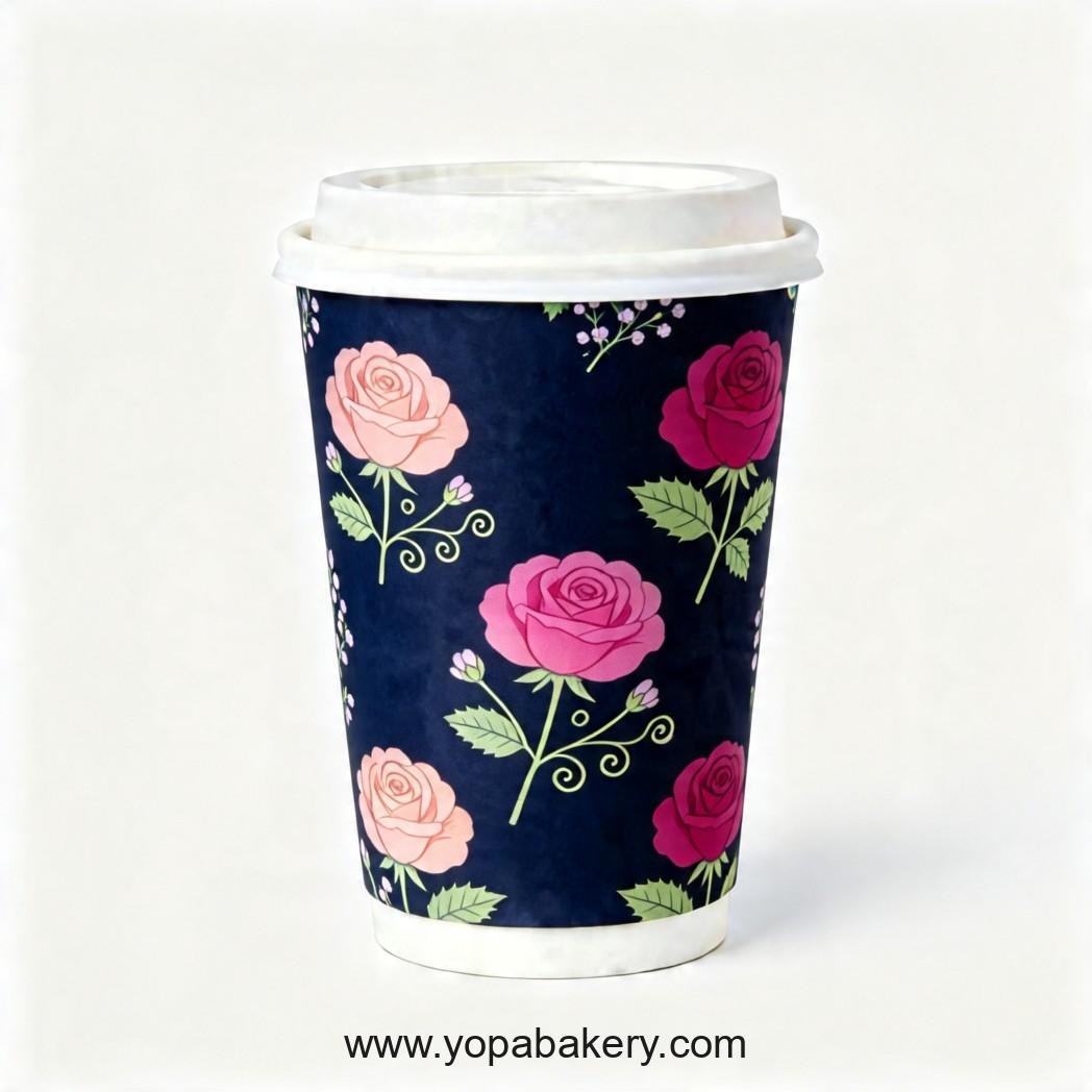 Rose Theme Disposable Coffee Paper Cups - 4oz, 8oz, 12oz, 16oz, 20oz