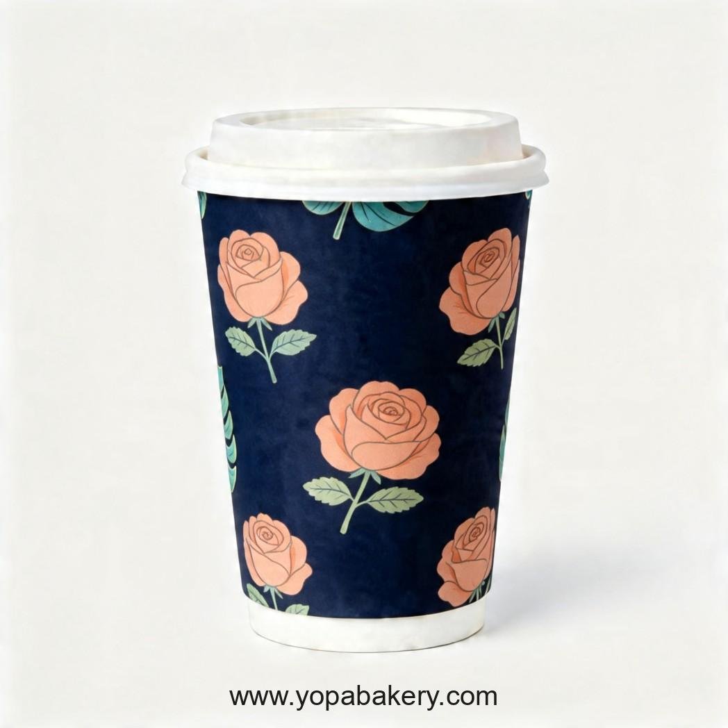 Rose Theme Disposable Coffee Paper Cups - 4oz, 8oz, 12oz, 16oz, 20oz