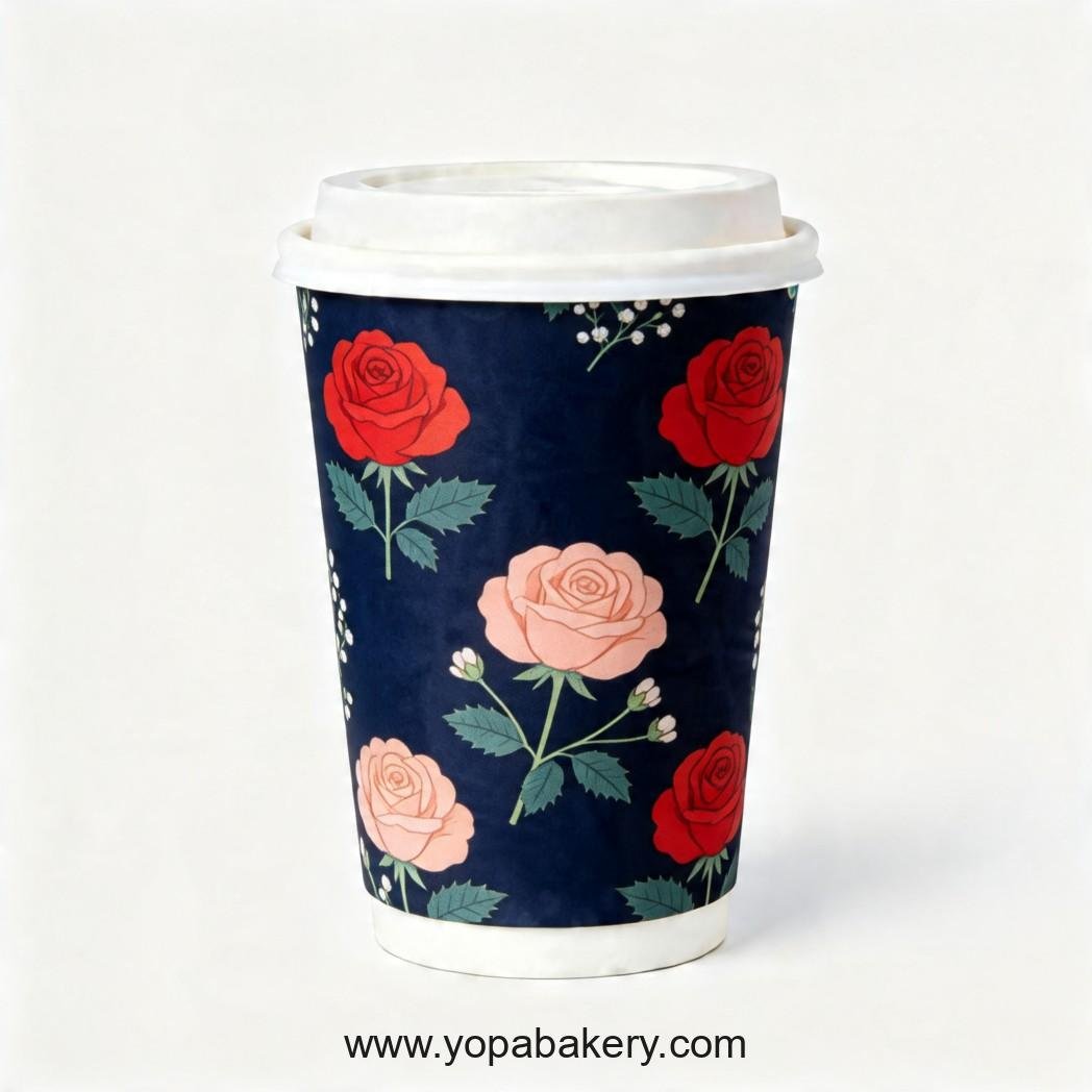 Rose Theme Disposable Coffee Paper Cups - 4oz, 8oz, 12oz, 16oz, 20oz