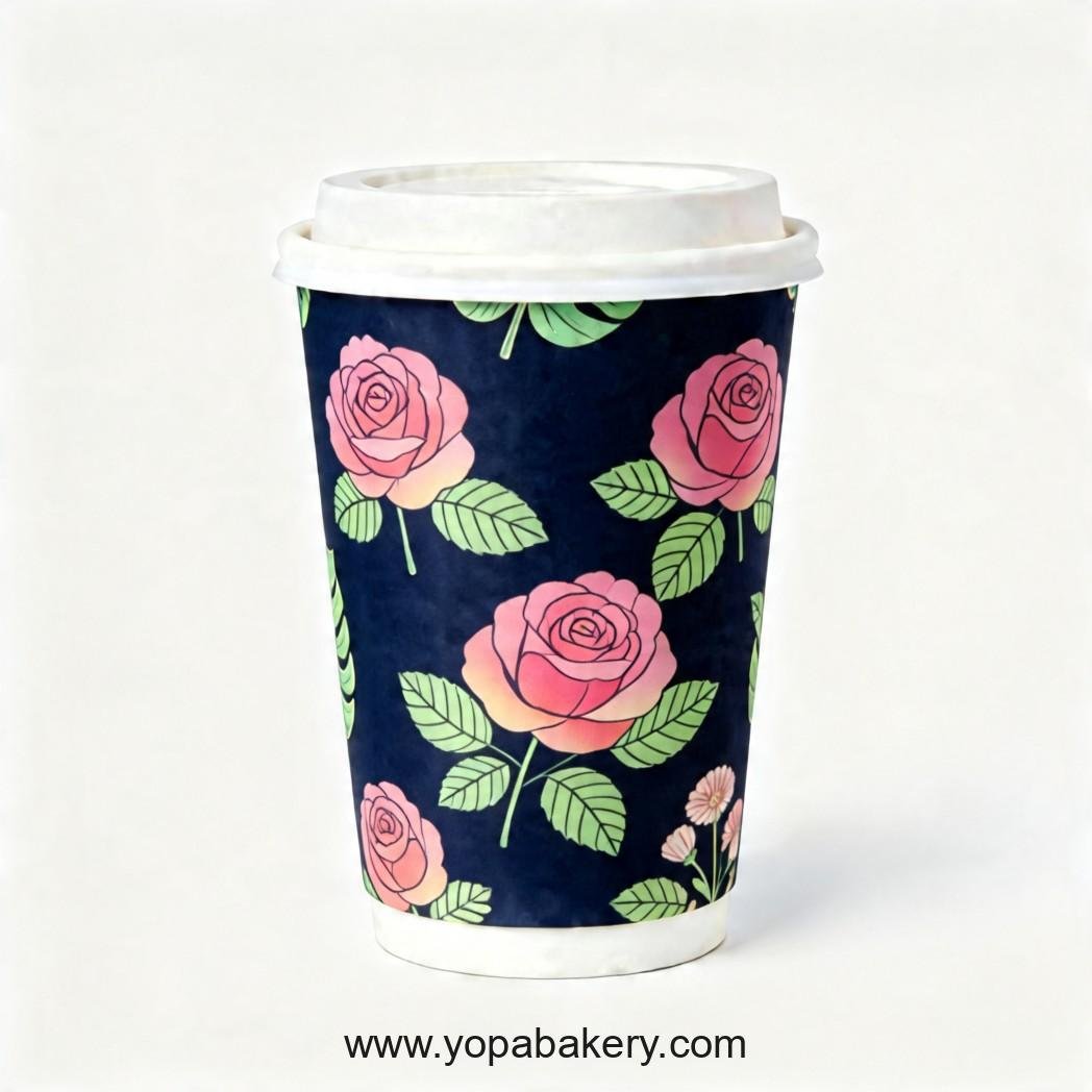 Rose Theme Disposable Coffee Paper Cups - 4oz, 8oz, 12oz, 16oz, 20oz