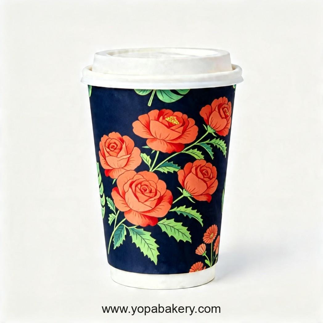 Rose Theme Disposable Coffee Paper Cups - 4oz, 8oz, 12oz, 16oz, 20oz