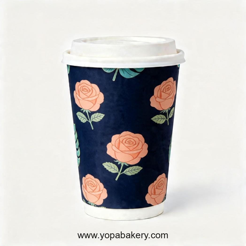 Rose Theme Disposable Coffee Paper Cups - 4oz, 8oz, 12oz, 16oz, 20oz