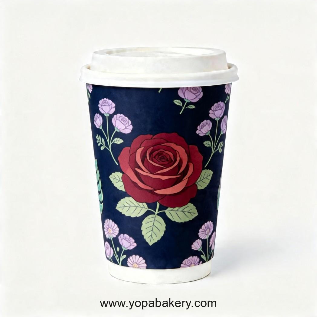 Rose Theme Disposable Coffee Paper Cups - 4oz, 8oz, 12oz, 16oz, 20oz