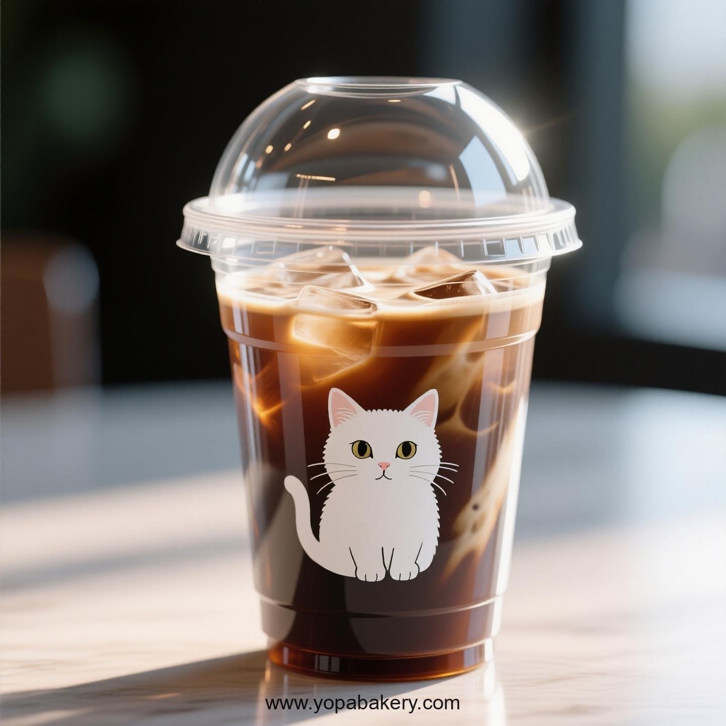 White cat Themed Clear Plastic Cups - Disposable PP & PET Coffee Cups with Lids