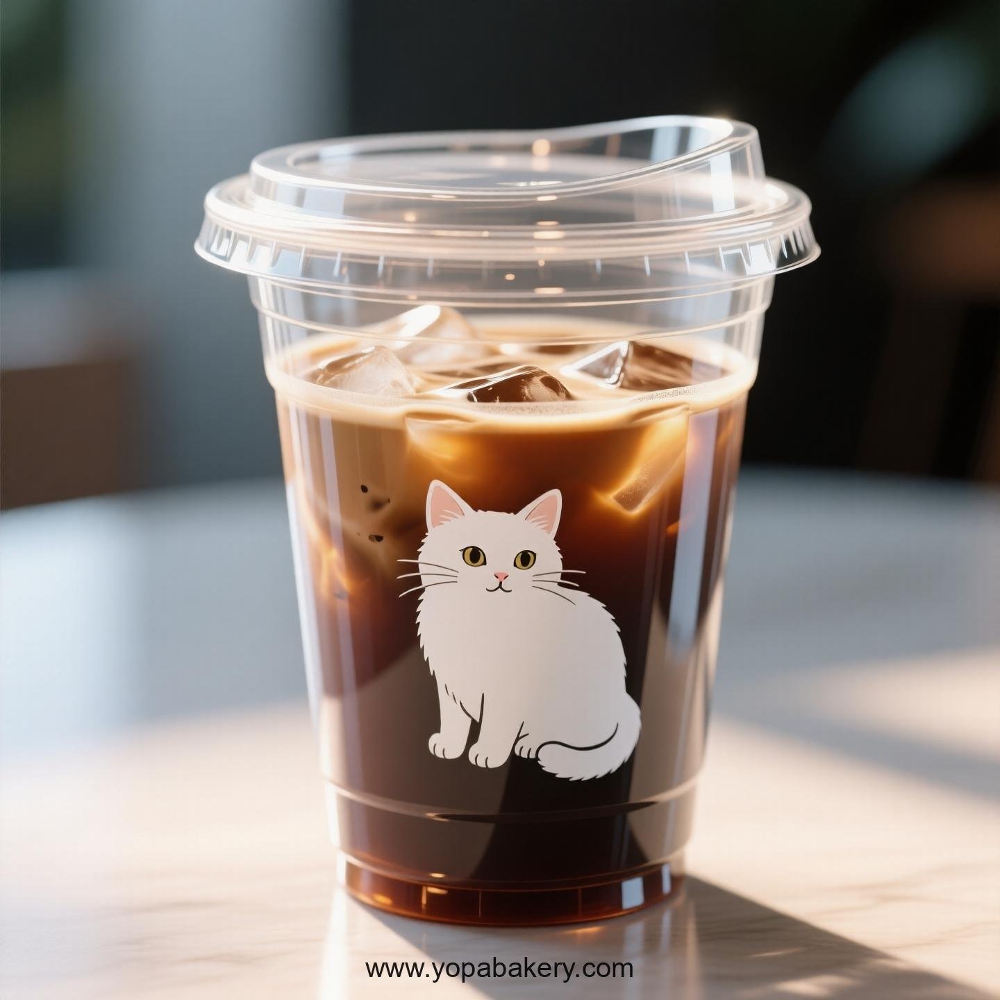 White cat Themed Clear Plastic Cups - Disposable PP & PET Coffee Cups with Lids