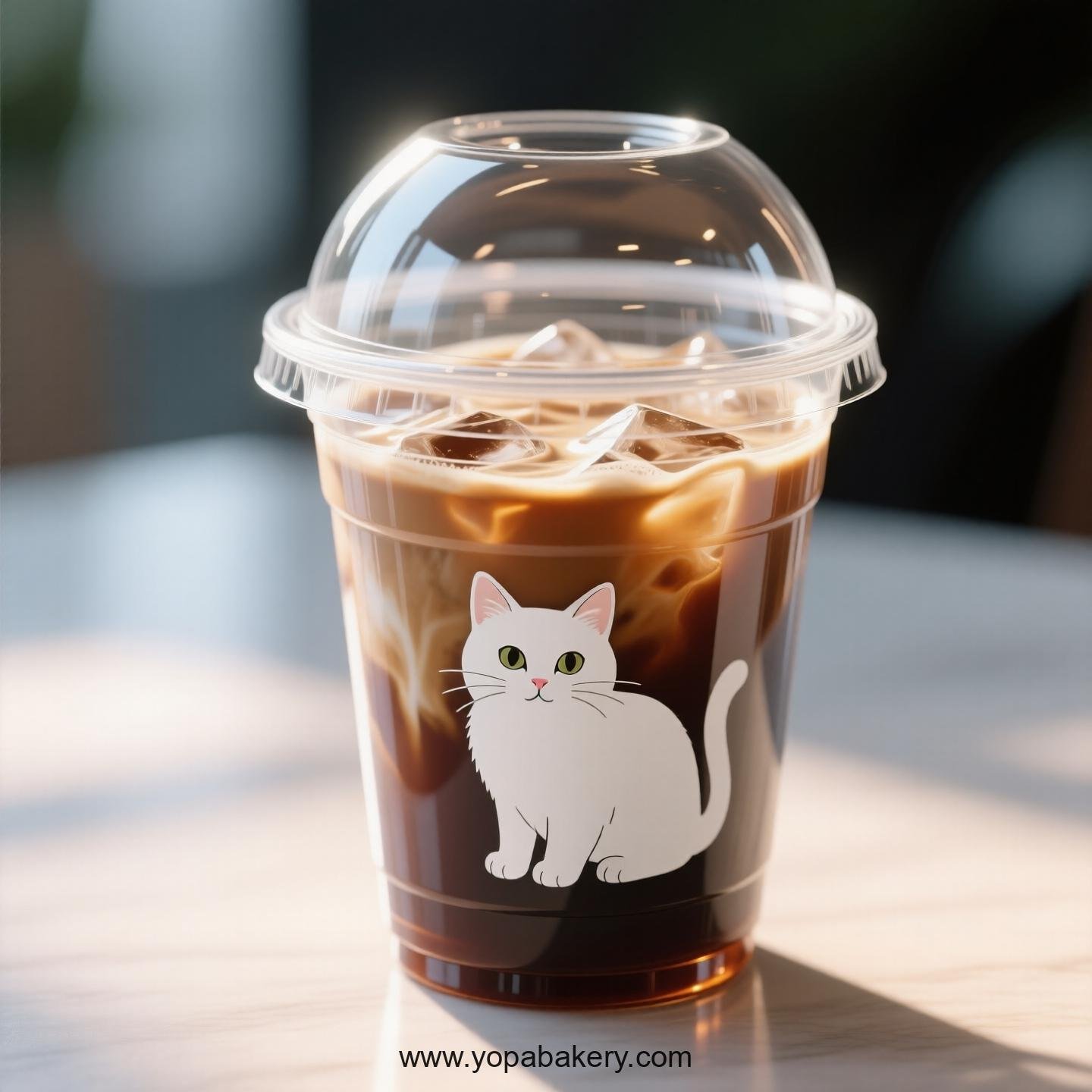 White cat Themed Clear Plastic Cups - Disposable PP & PET Coffee Cups with Lids