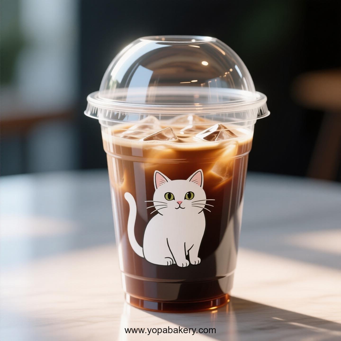 White cat Themed Clear Plastic Cups - Disposable PP & PET Coffee Cups with Lids