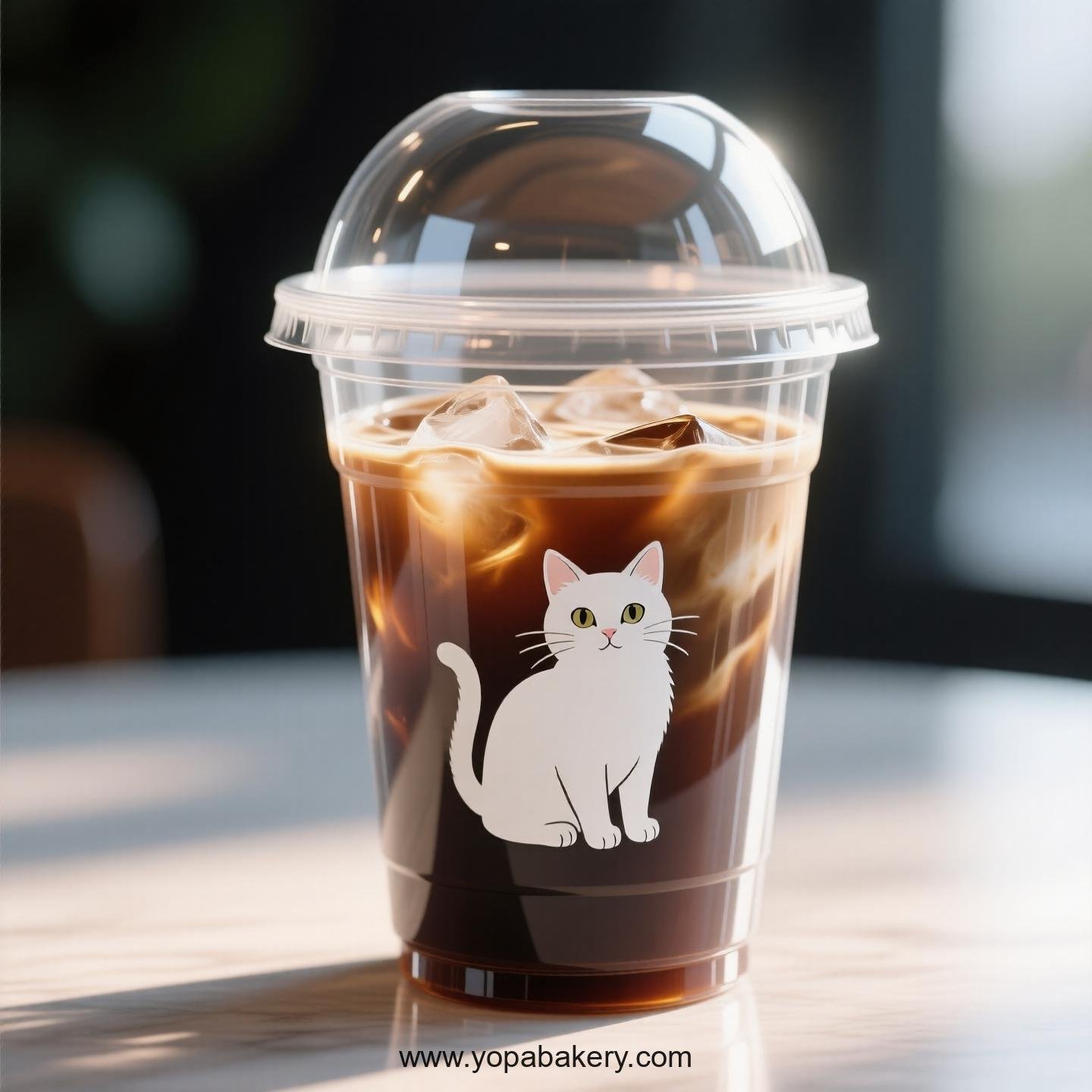 White cat Themed Clear Plastic Cups - Disposable PP & PET Coffee Cups with Lids