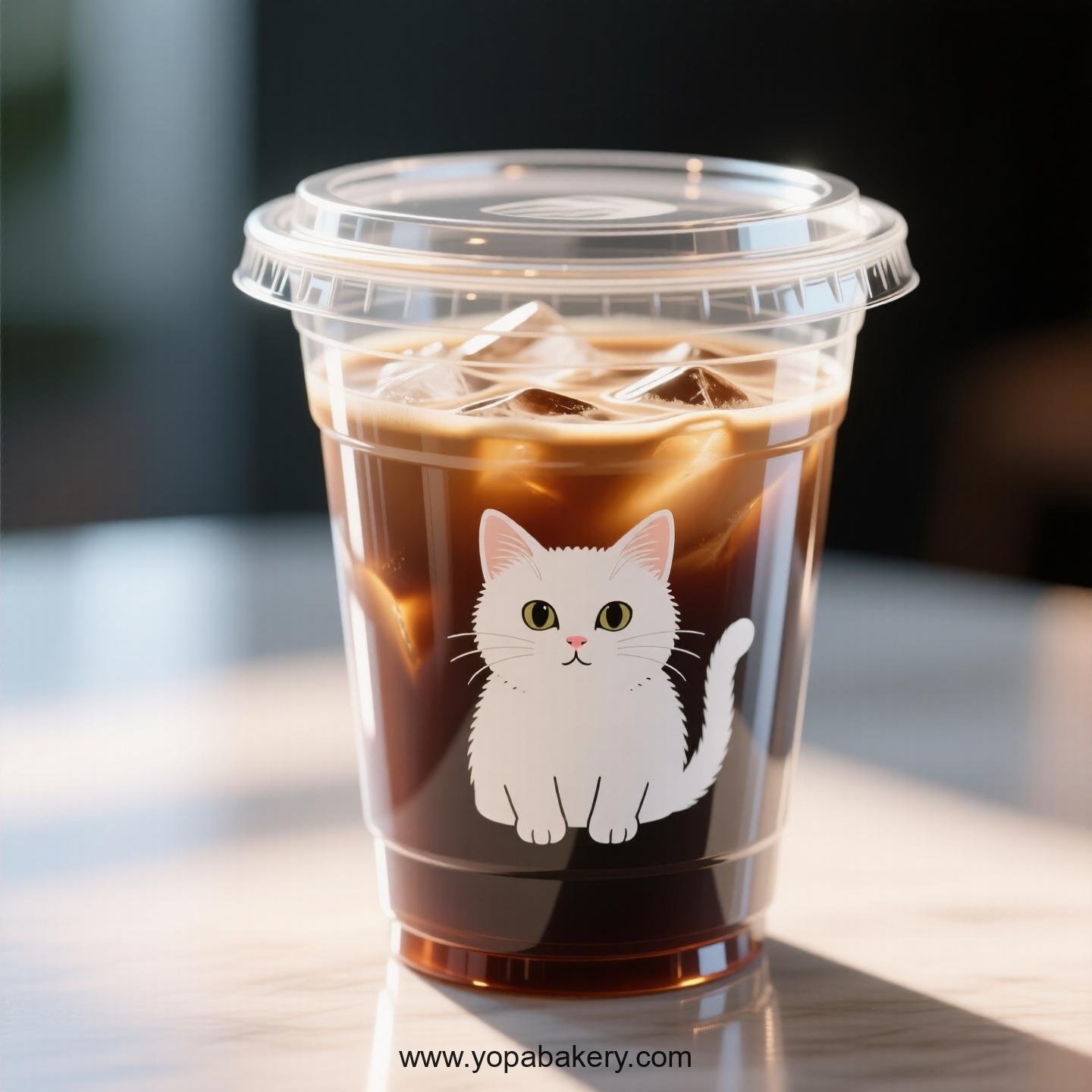White cat Themed Clear Plastic Cups - Disposable PP & PET Coffee Cups with Lids